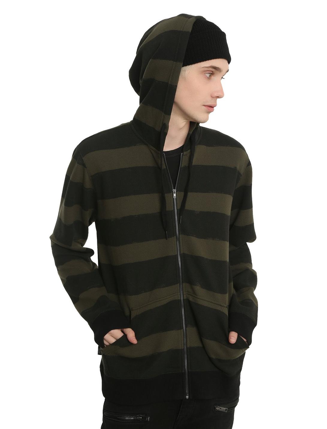 XXX RUDE Olive Striped French Terry Hoodie, OLIVE, hi-res