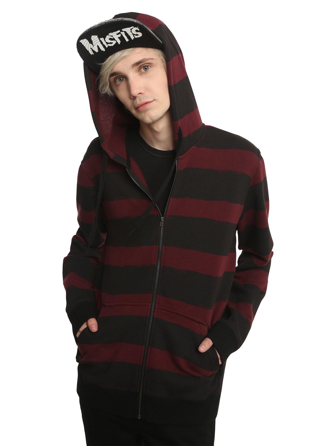 XXX RUDE Burgundy Striped French Terry Hoodie, BLACK, hi-res