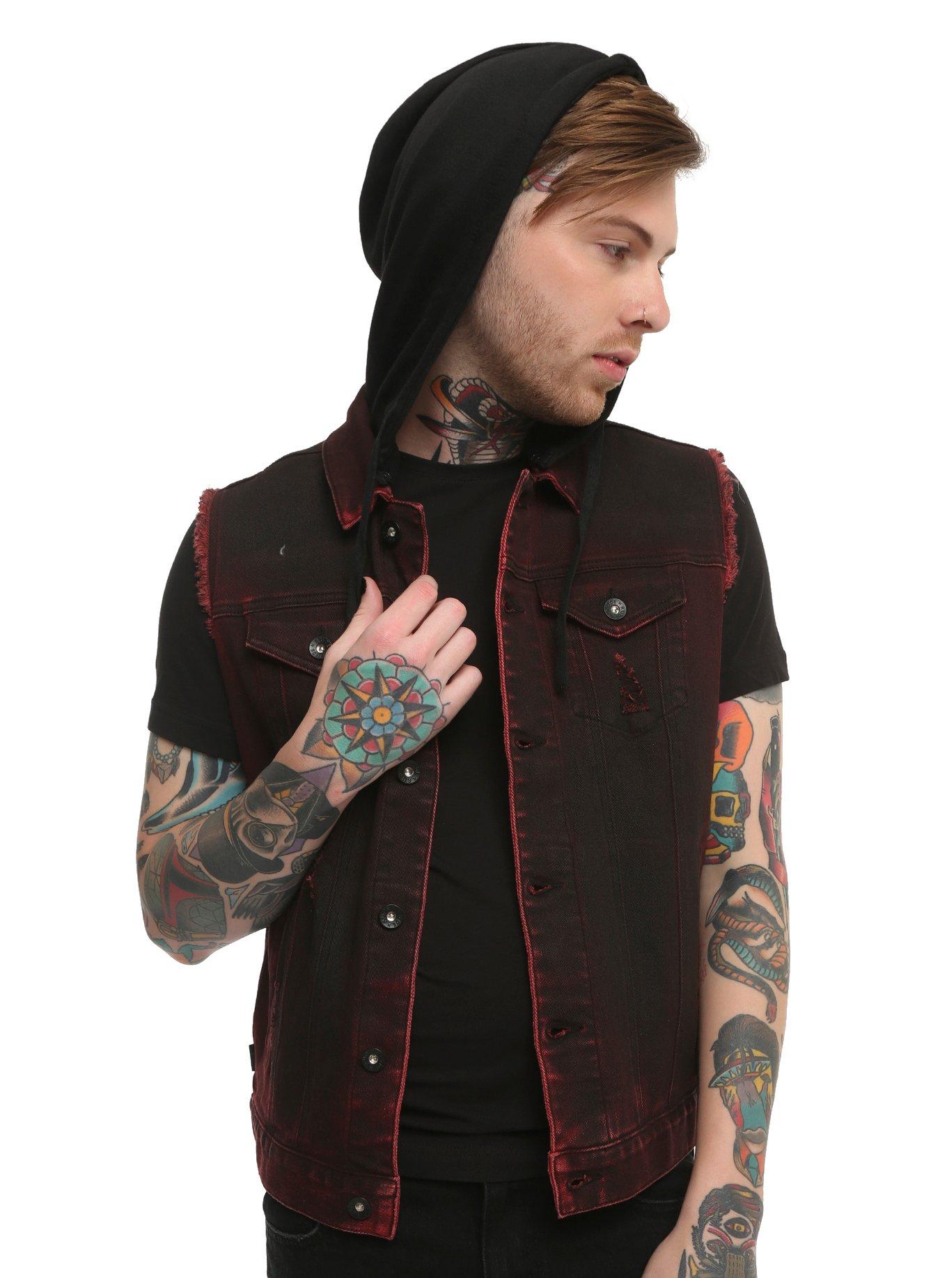 XXX RUDE Hooded Red Acid Wash Vest, RED, hi-res