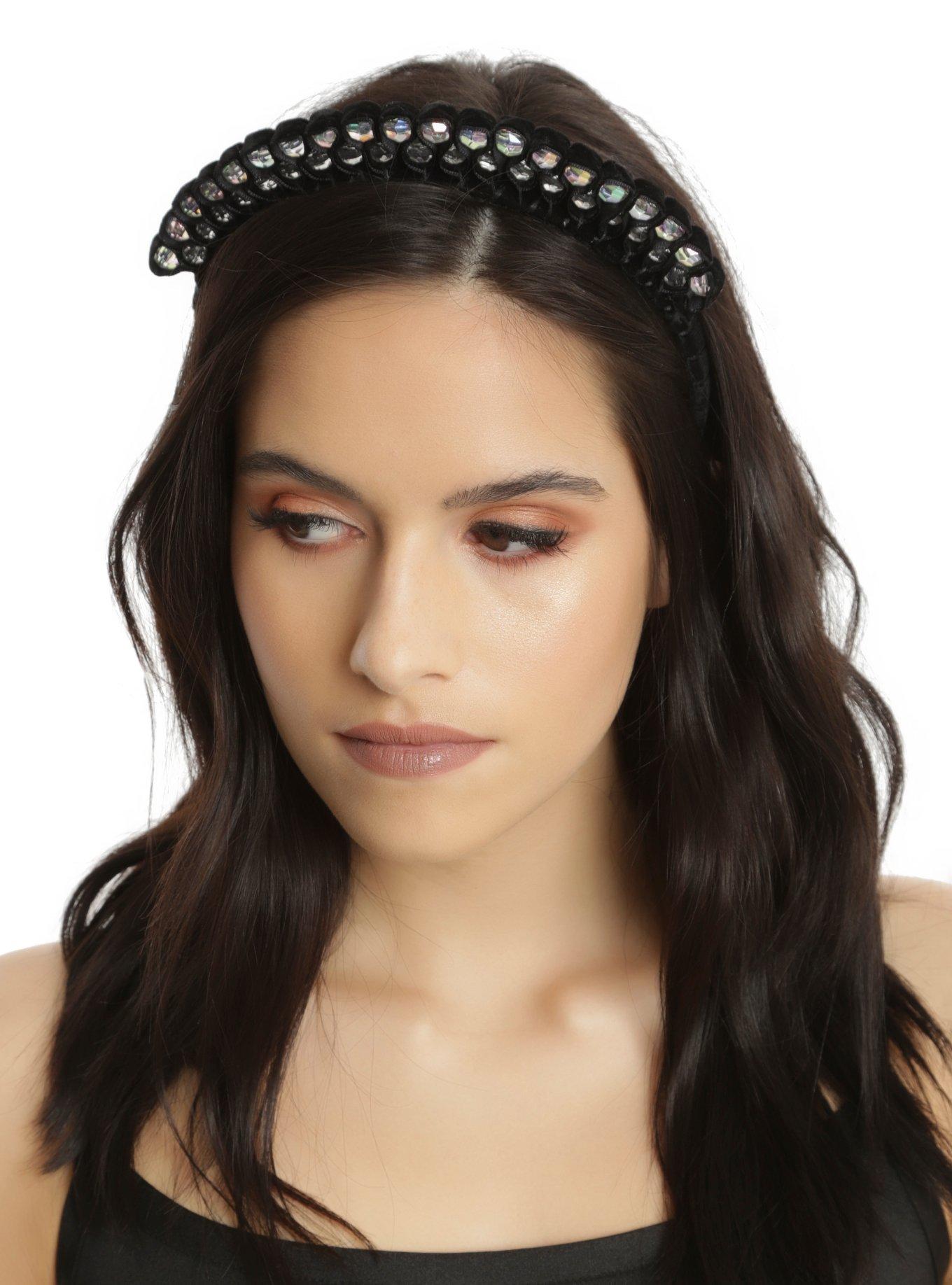 Clear Beaded Black Velvet Headband, , hi-res