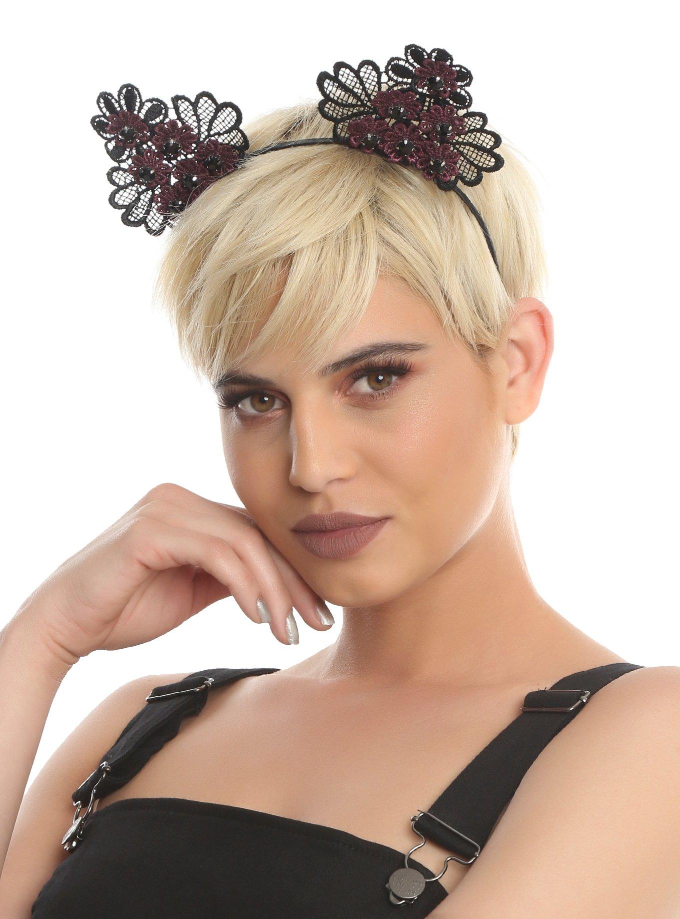 Black & Burgundy Floral Lace Cat Ear Headband, , hi-res