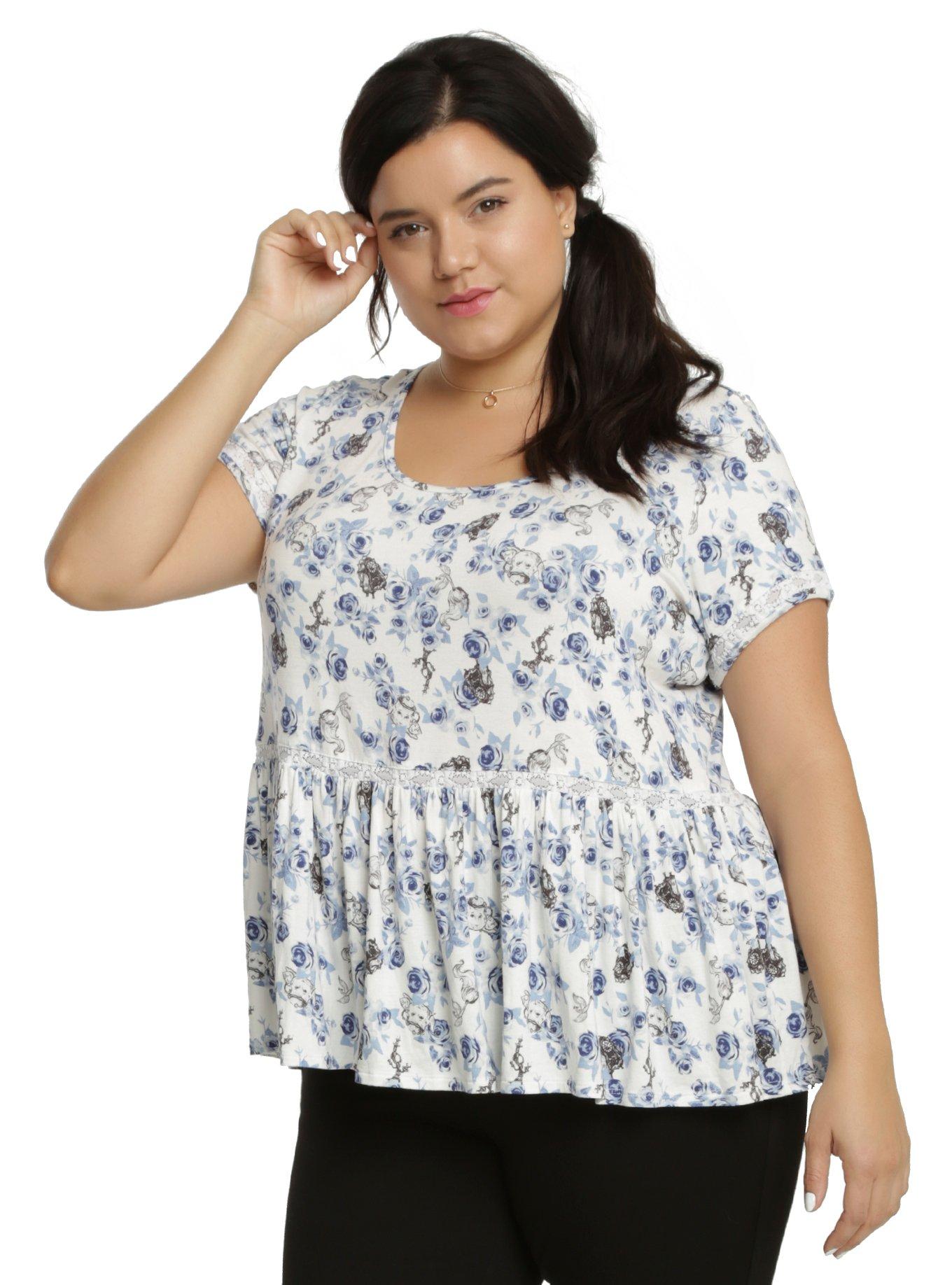 Disney Beauty & The Beast Allover Print Girls Peplum Top Plus Size, WHITE, hi-res