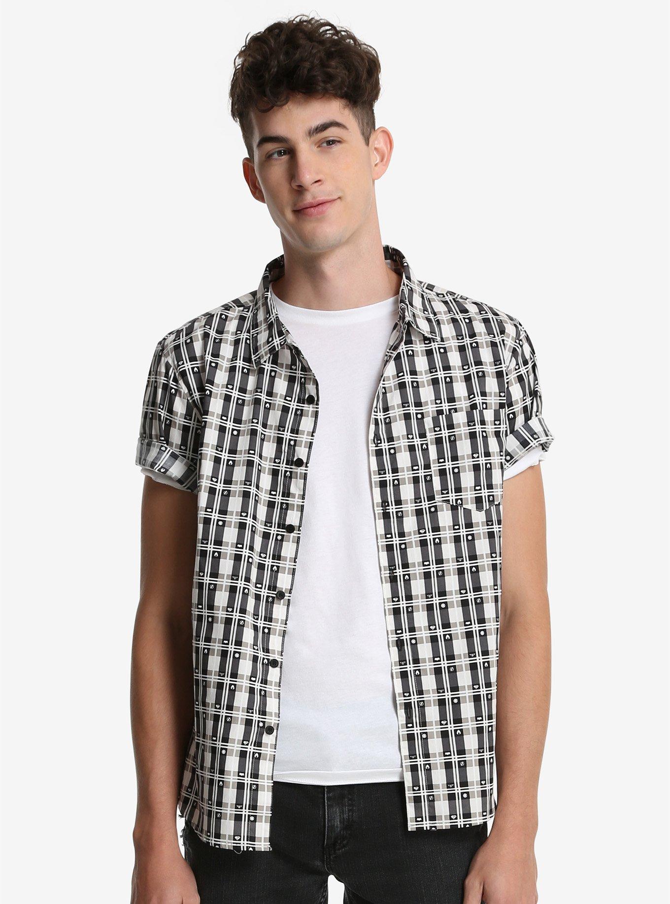 Hero Within DC Comics Justice League Plaid Woven Button-Up, BLACK, hi-res