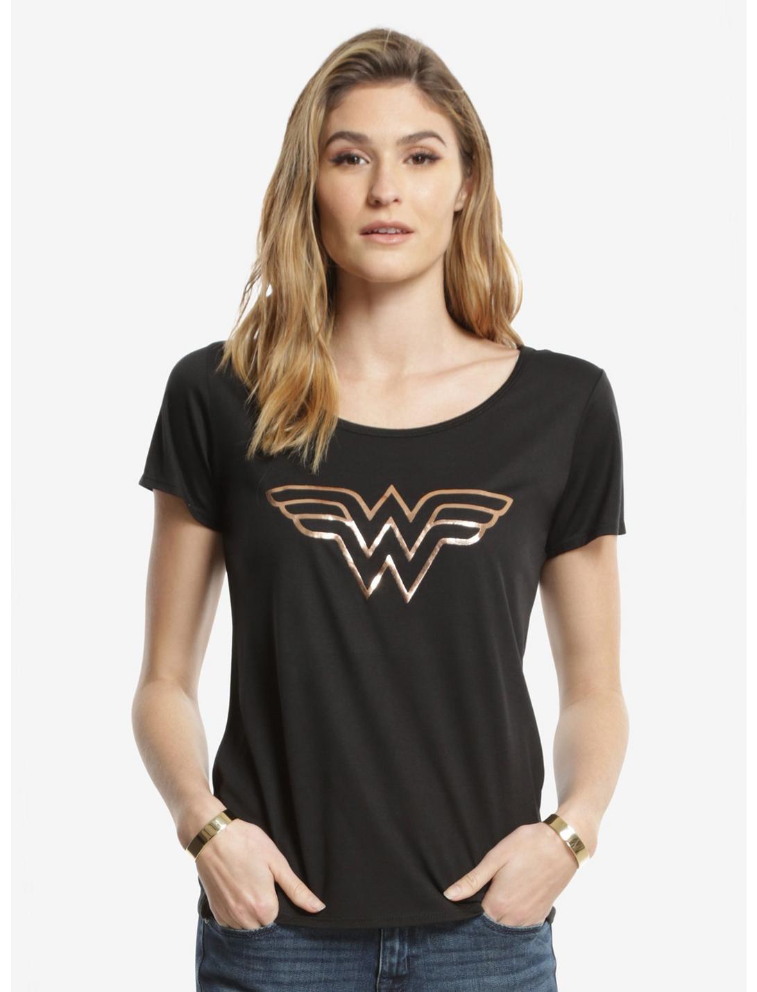 DC Comics Wonder Woman Rose Gold Logo Womens Tee, BLACK, hi-res