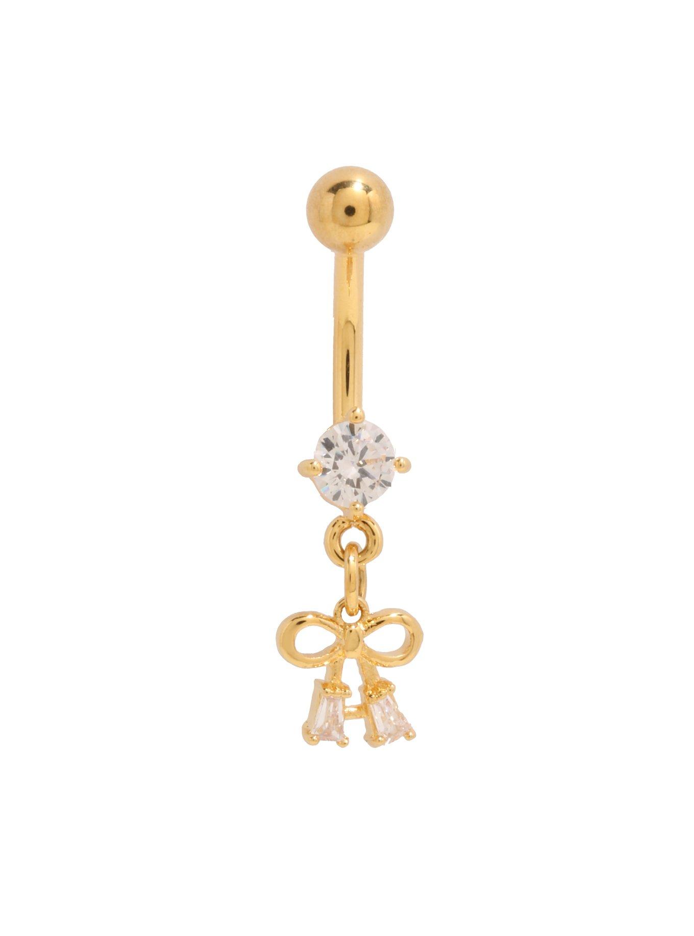 Steel Gold CZ Mini Bow Dangle Navel Barbell, , hi-res