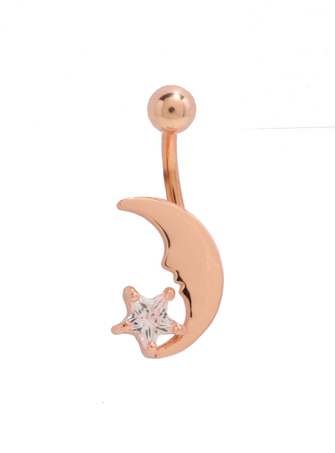 Steel Rose Gold Moon CZ Navel Barbell, , hi-res