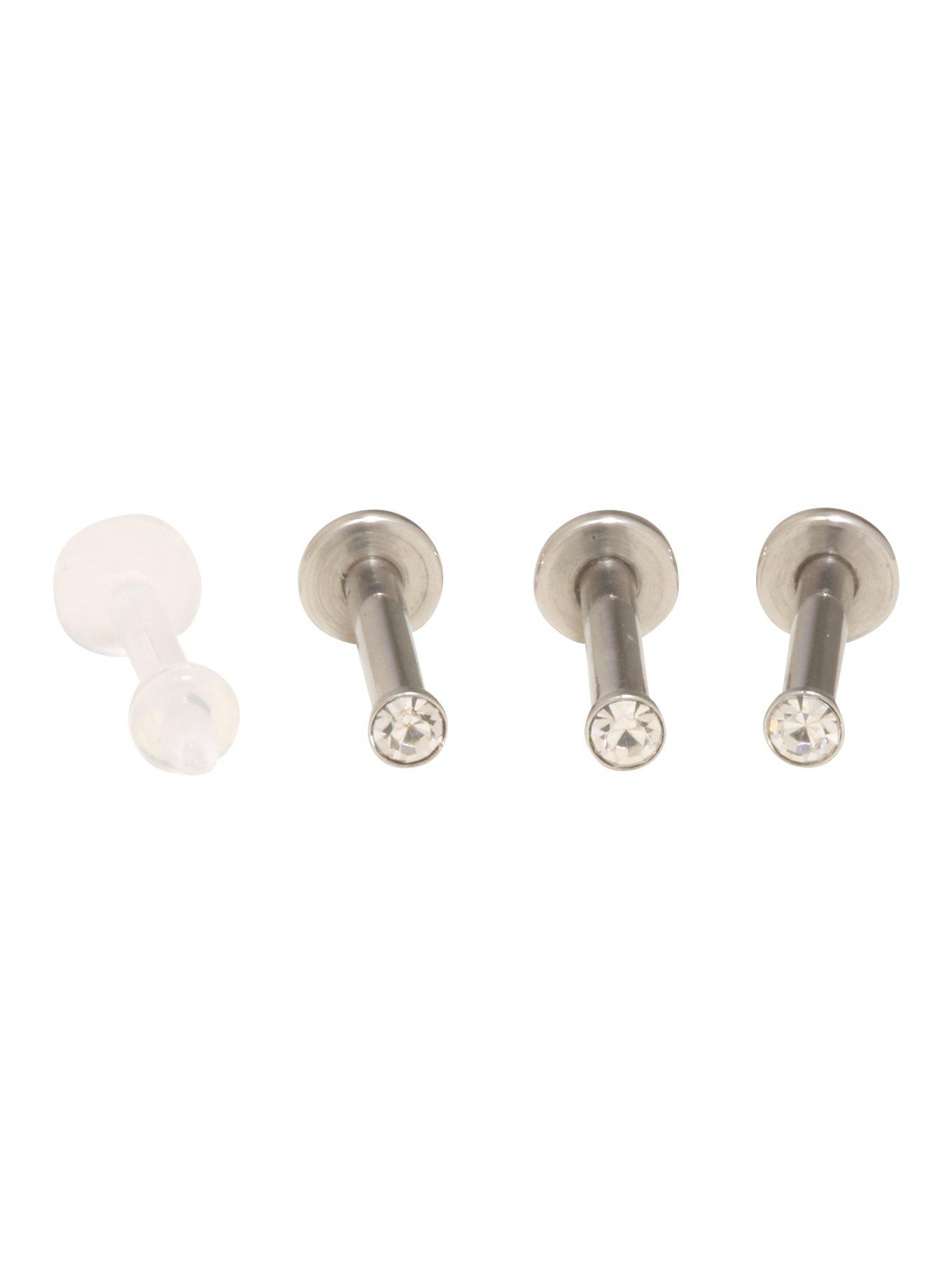 Steel Basic CZ Labret Stud & Retainer 4 Pack, , hi-res