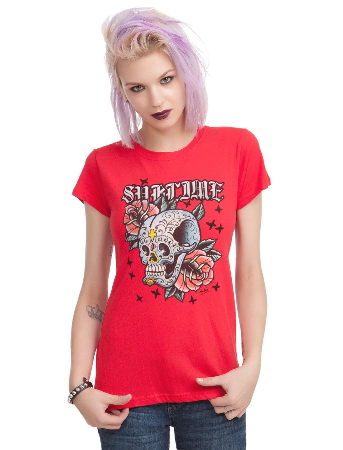 Sublime Sugar Skull Logo Girls T-Shirt, RED, hi-res