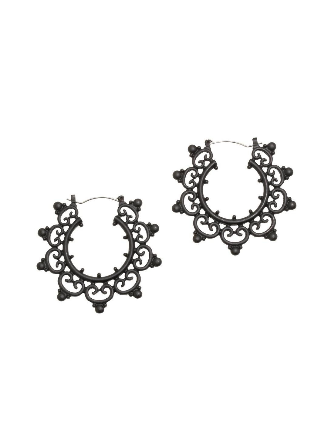 Blackheart Matte Black Ornate Hoop Earrings, , hi-res
