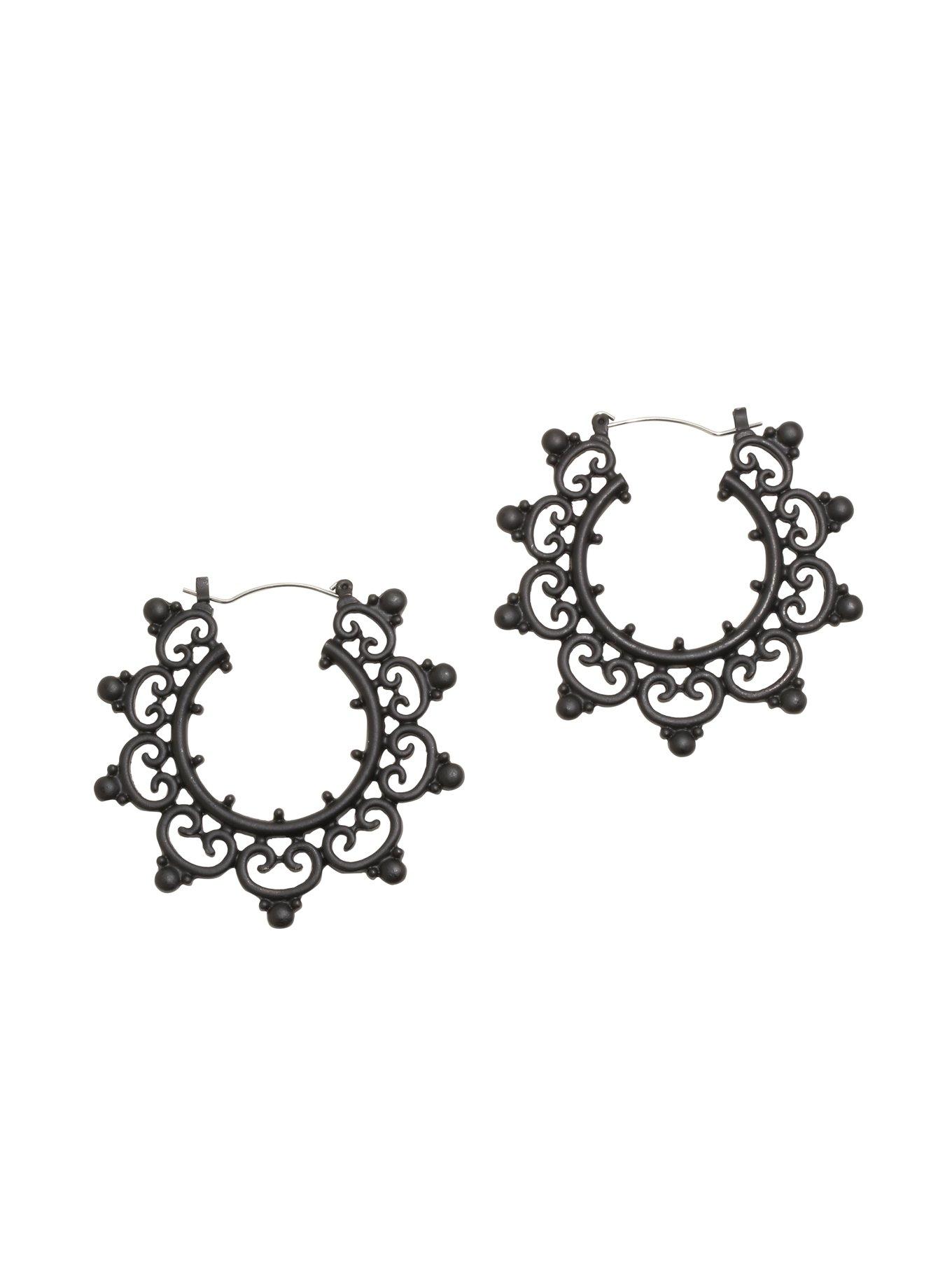 Blackheart Matte Black Ornate Hoop Earrings, , hi-res