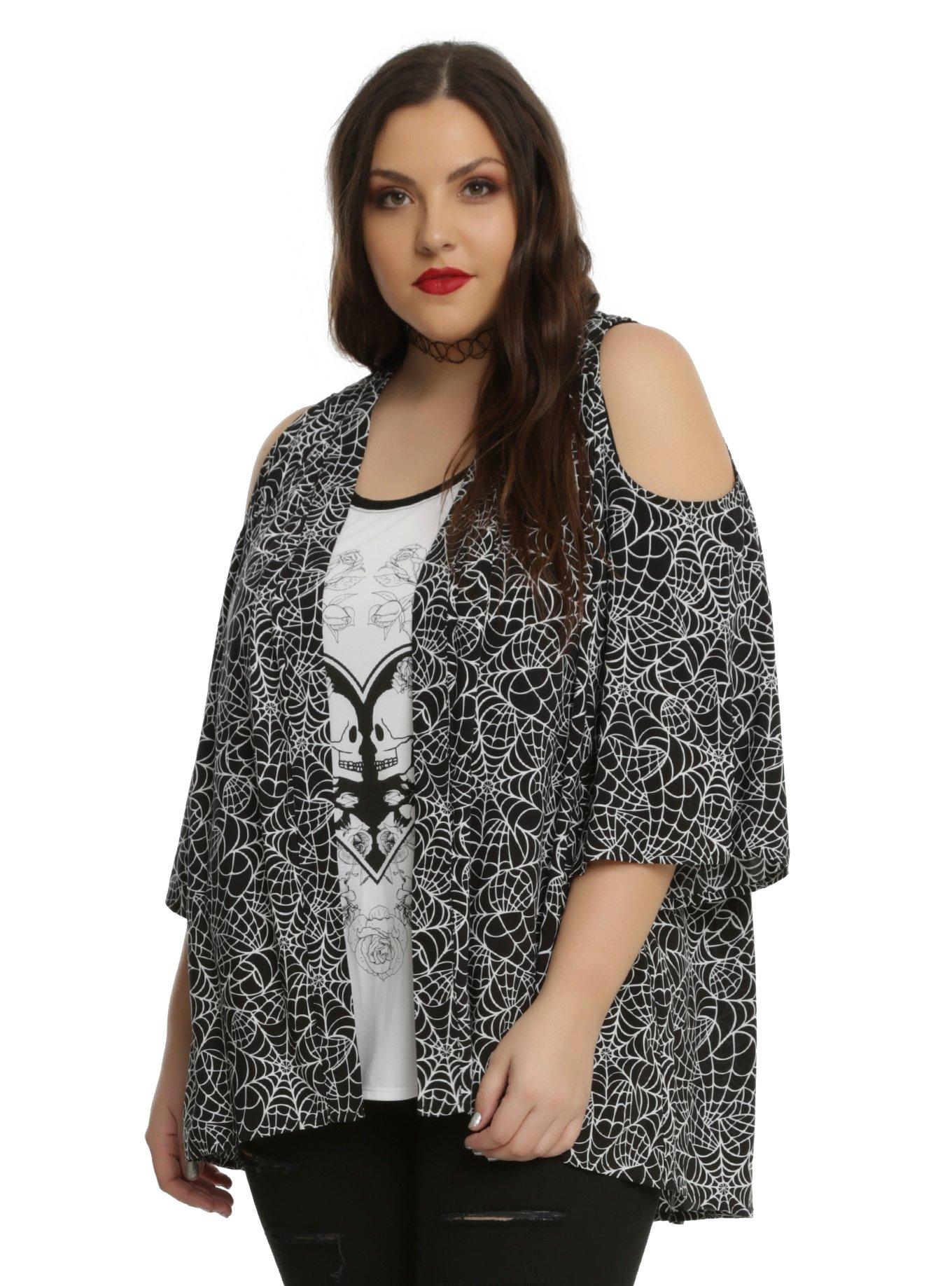 Black & White Spiderweb Cold Shoulder Kimono Plus Size | Hot Topic