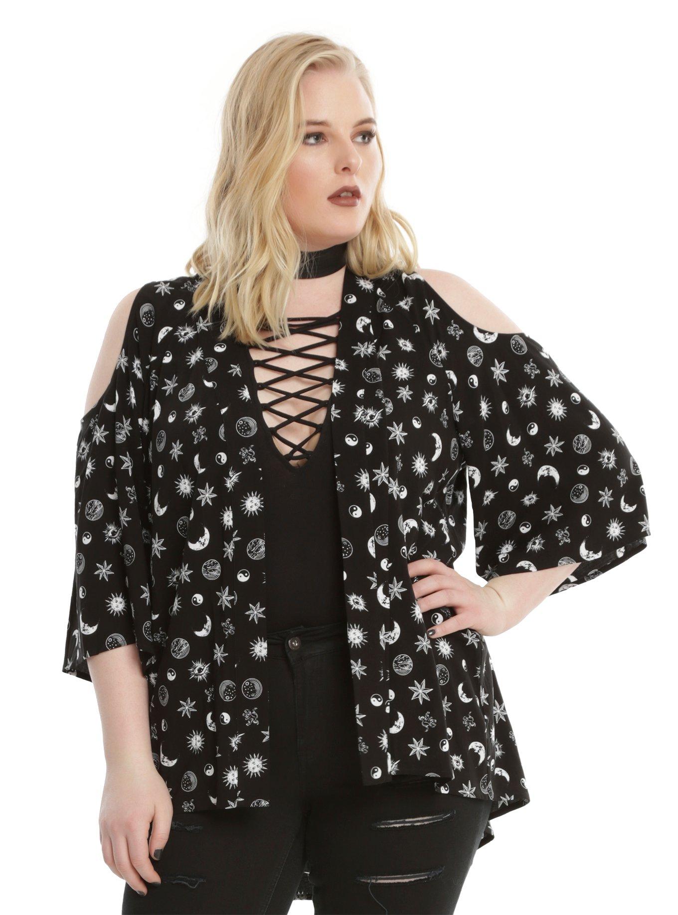 Celestial Print Cold Shoulder Kimono Plus Size, BLACK, hi-res