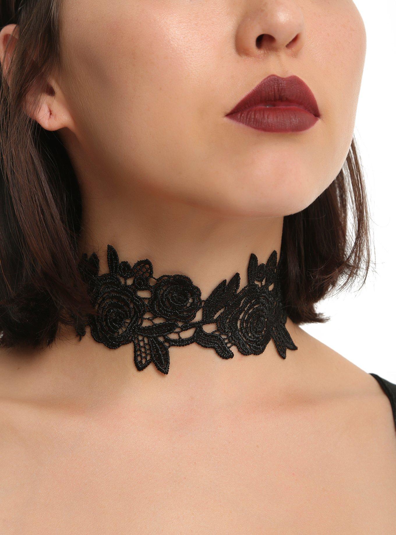 Blackheart Black Crochet Lace Rose Choker, , hi-res