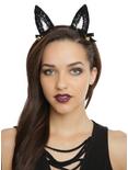 Black Lace & Polka Dots Gold Bells Cat Ear Headband, , hi-res