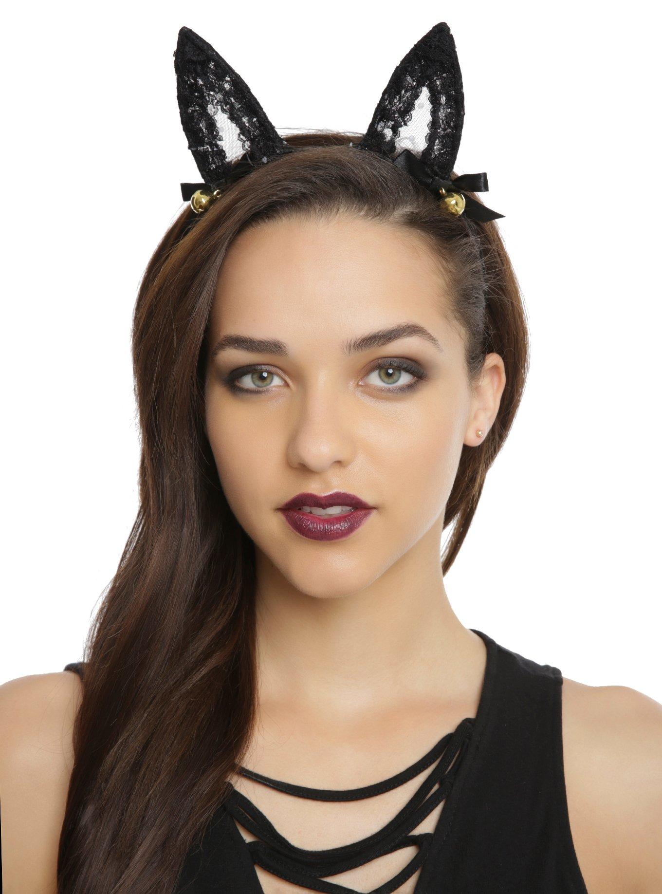 Black Lace & Polka Dots Gold Bells Cat Ear Headband, , hi-res