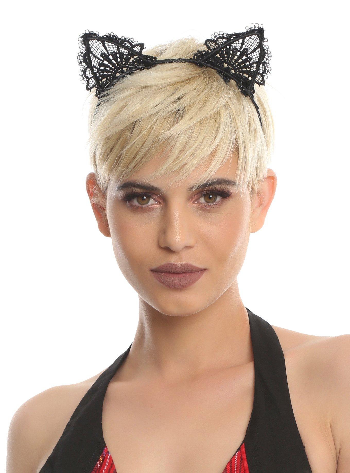 Black Lacy Cat Ear Headband, , hi-res