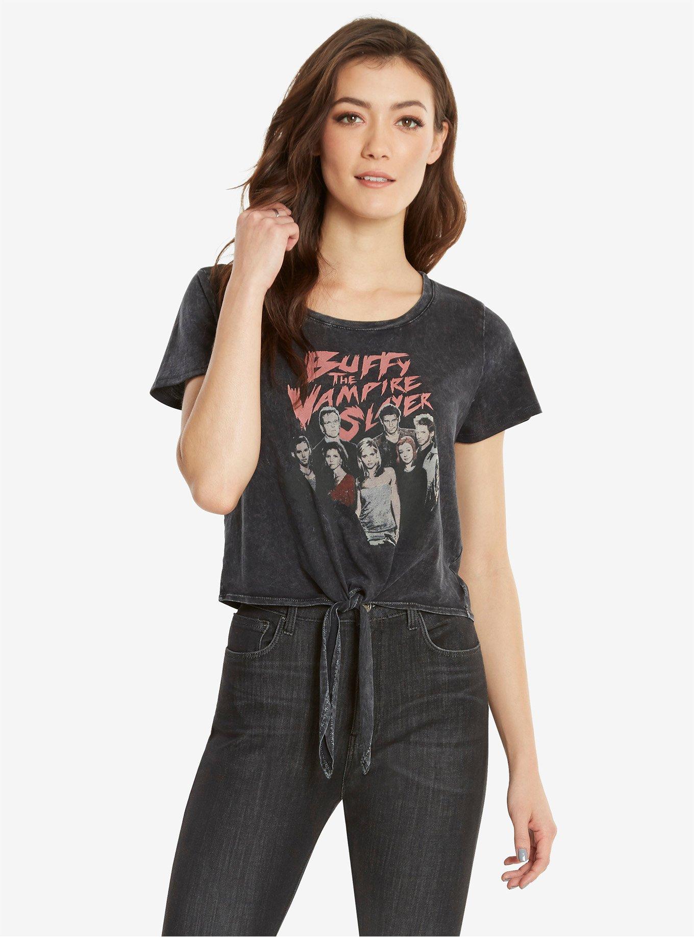 Buffy The Vampire Slayer Front Tie Womens Crop Top, GREY, hi-res