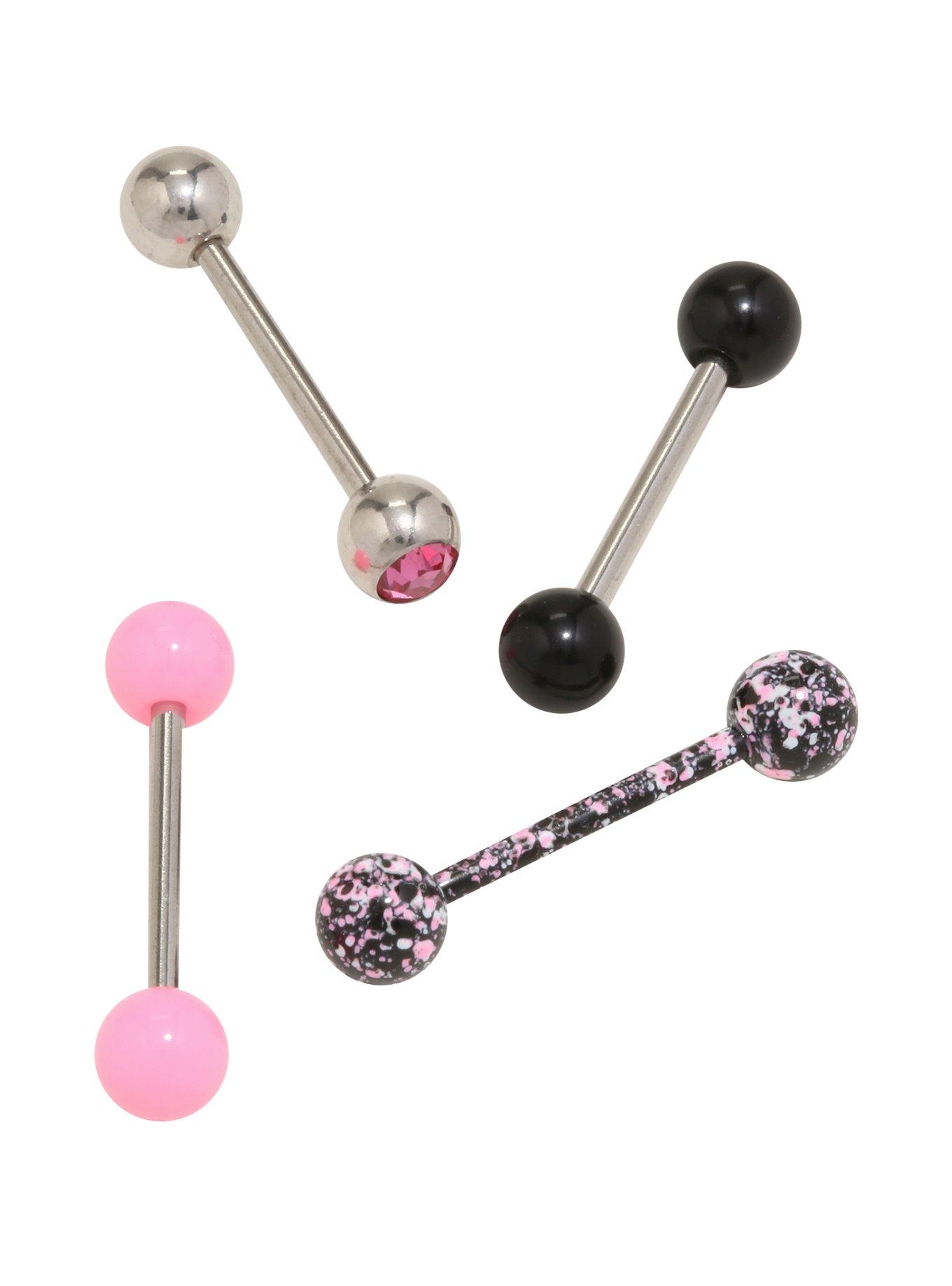 14G Steel Pink Splatter Tongue Barbell 4 Pack, , hi-res