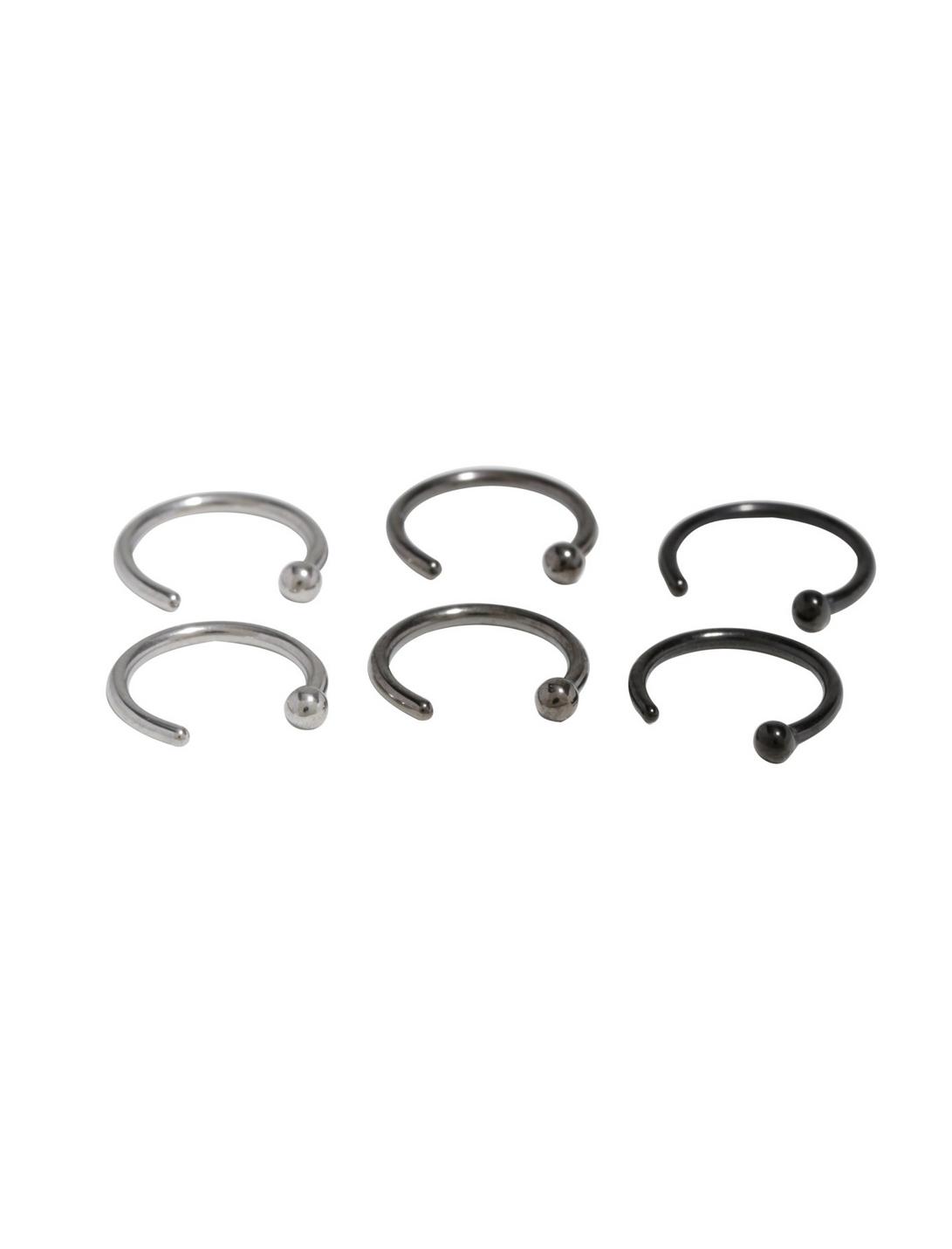 Steel Silver Black & Hematite Open Nose Hoop 6 Pack, MULTI, hi-res