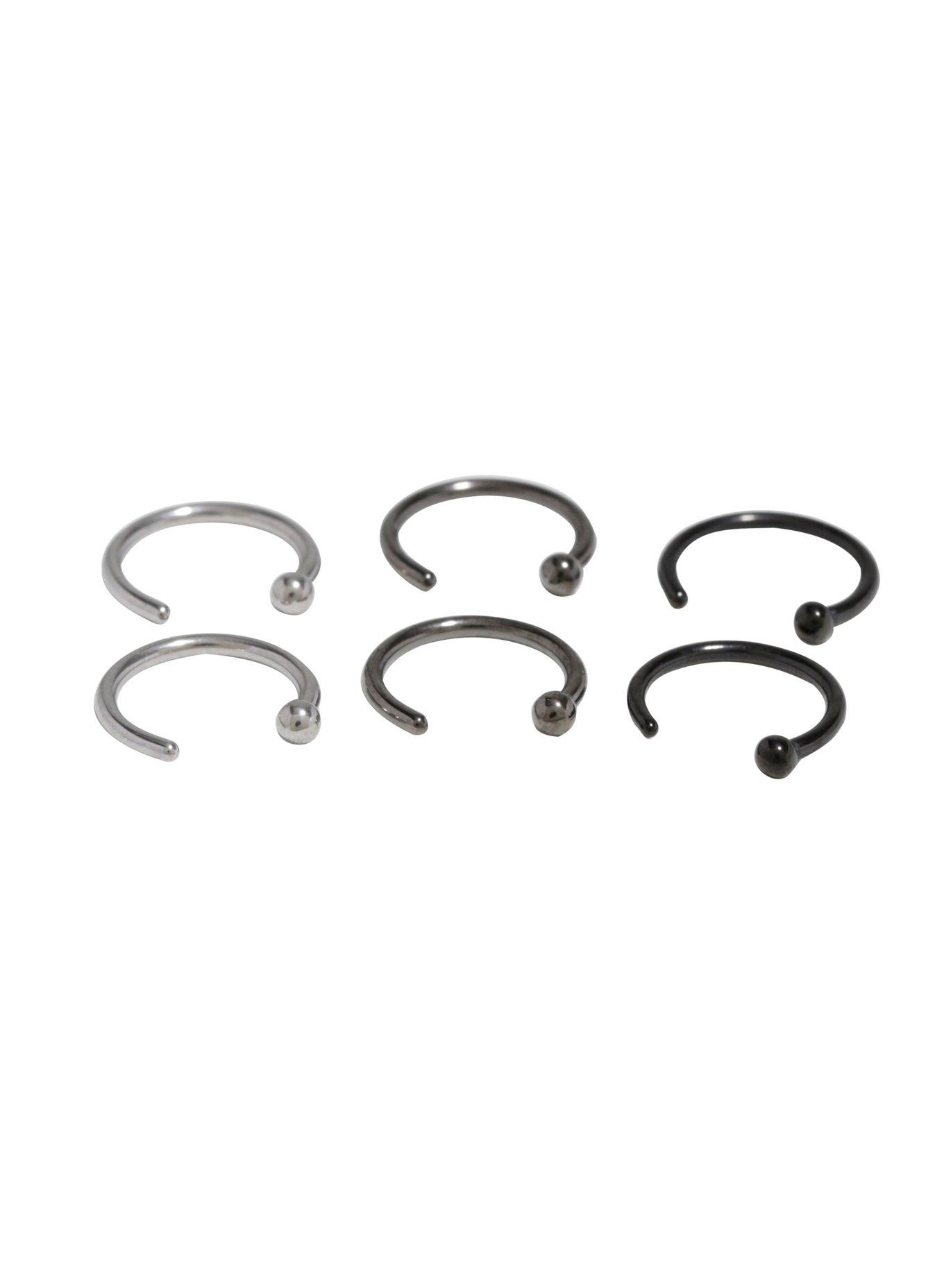 Steel Silver Black & Hematite Open Nose Hoop 6 Pack, MULTI, hi-res