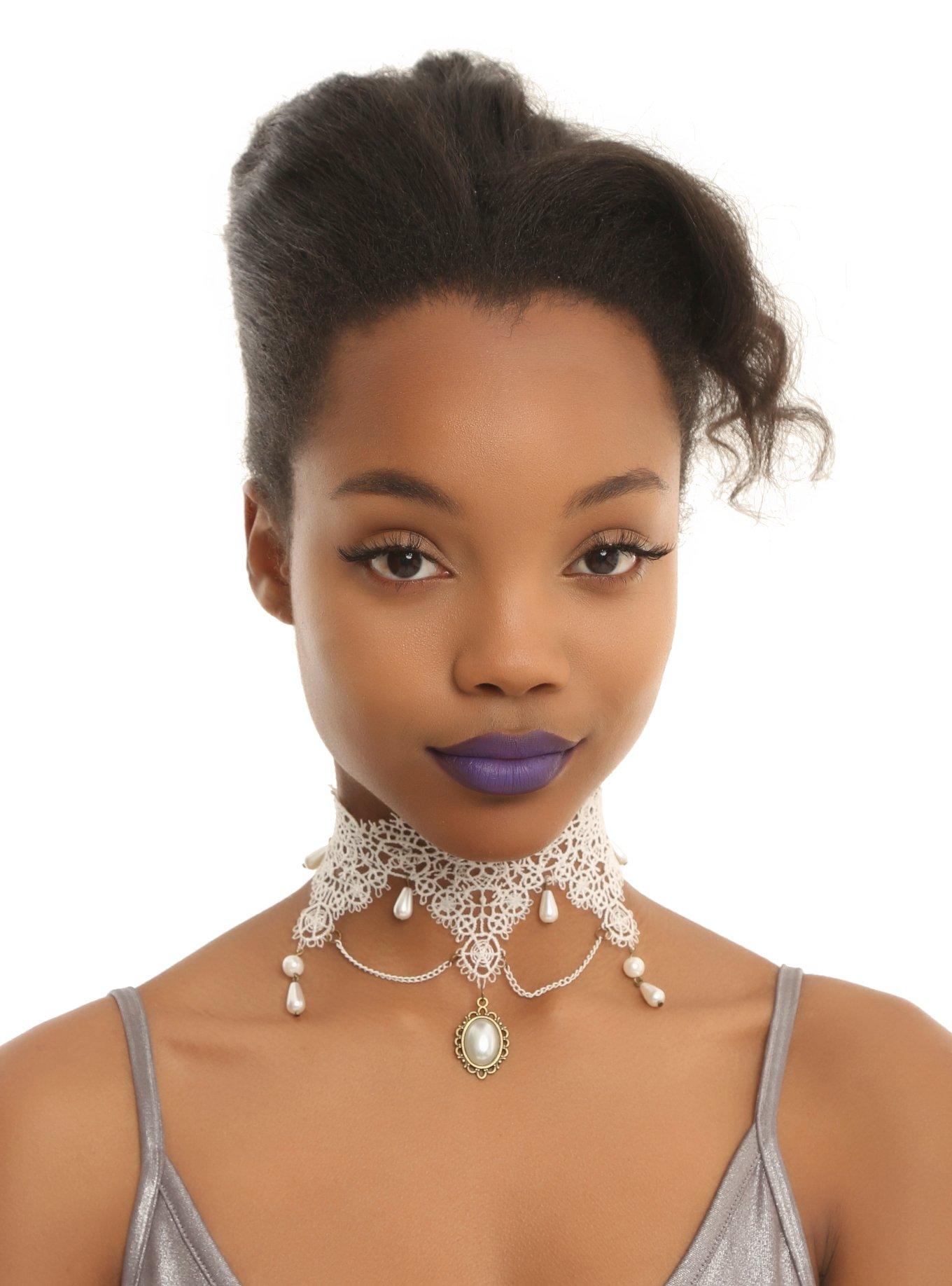 White Lace Drop Pearl Choker, , hi-res