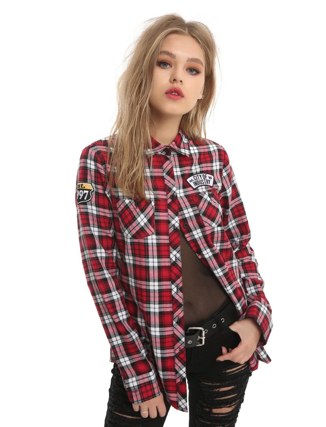 Hot Topic X Build-A-Bear Furry N’ Fierce Established Plaid Girls Woven Button-Up, RED, hi-res