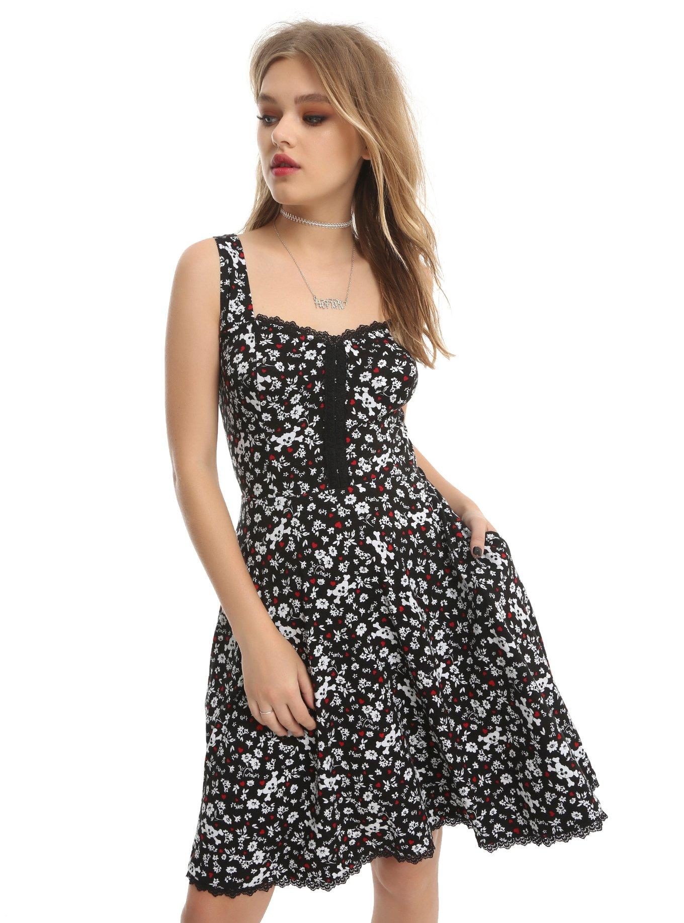 Hot Topic X Build-A-Bear Furry N’ Fierce Bear & Crossbones Print Dress, BLACK, hi-res