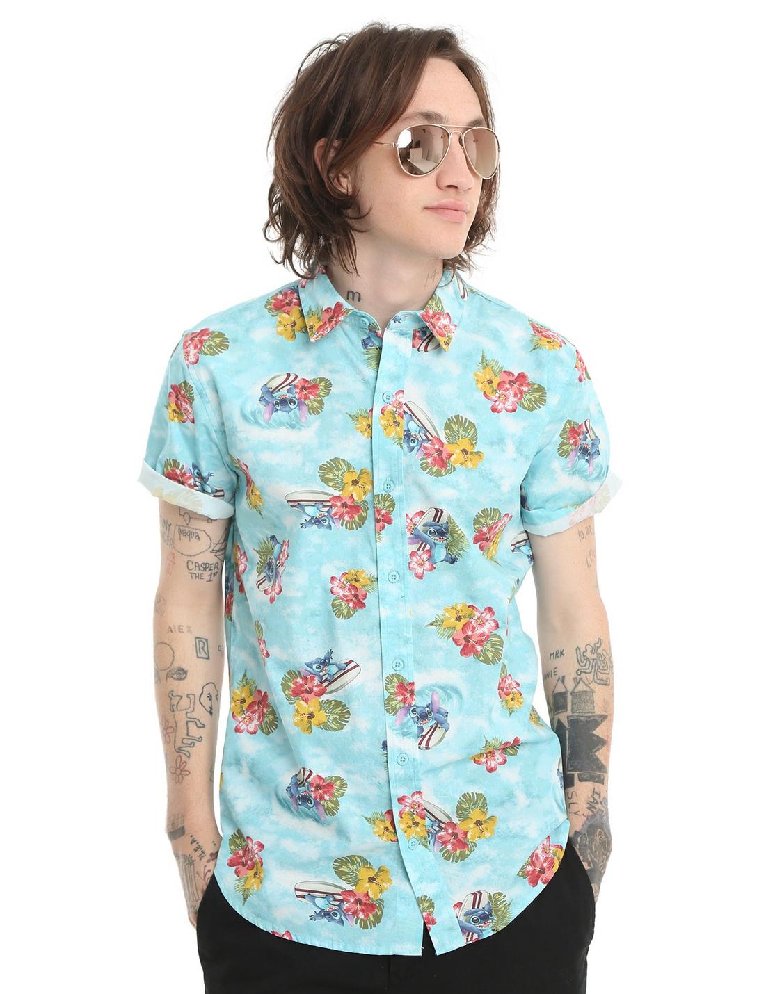 Disney Lilo & Stitch Hawaiian Short-Sleeve Woven Button-Up, BLUE, hi-res