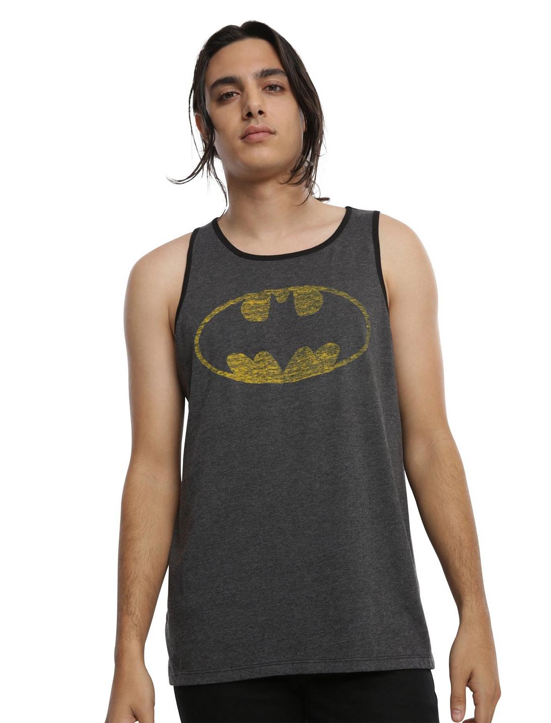 DC Comics Batman Distressed Logo Ringer Tank Top, GREY, hi-res