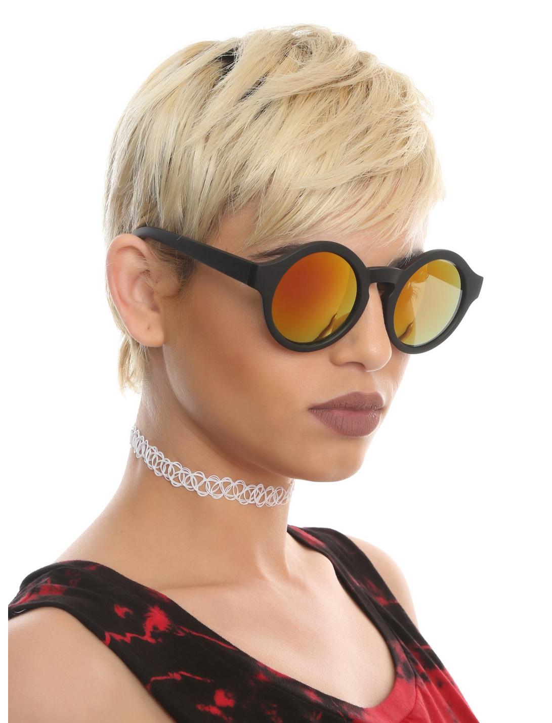 Matte Black Orange Reflective Round Sunglasses, , hi-res