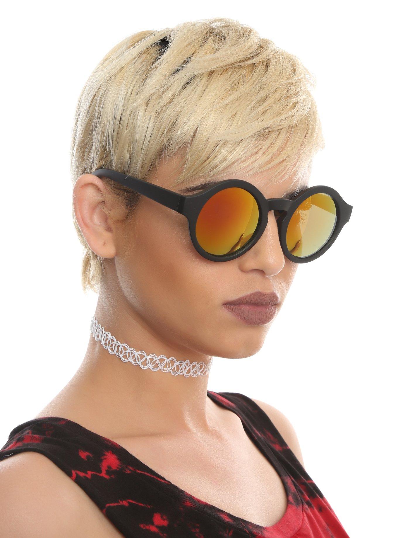 Matte Black Orange Reflective Round Sunglasses, , hi-res
