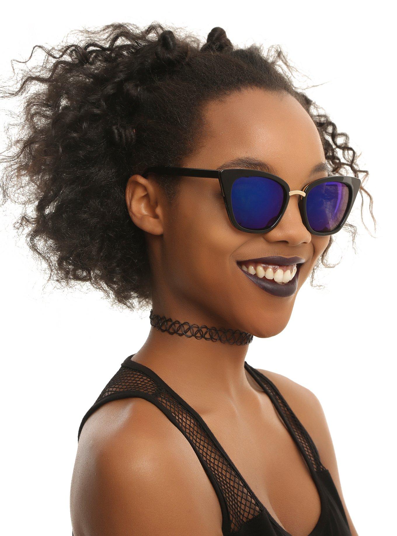 Black Cat Eye Blue Lens Sunglasses, , hi-res