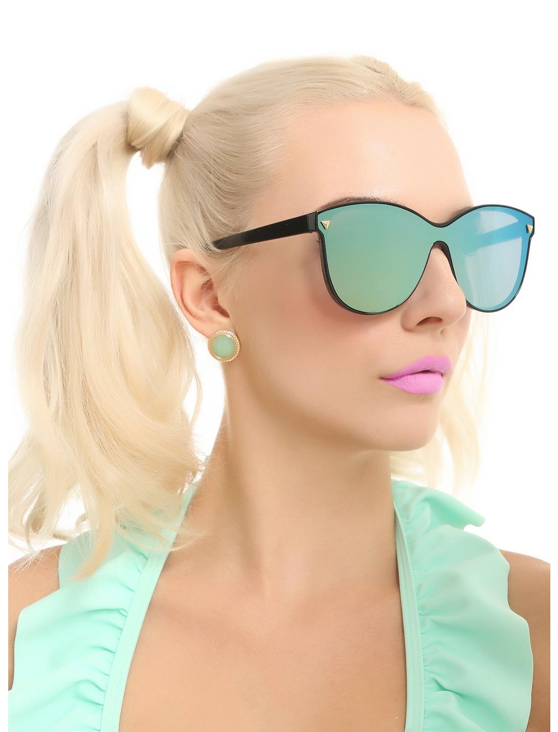 Green Mirrored Shield Sunglasses, , hi-res