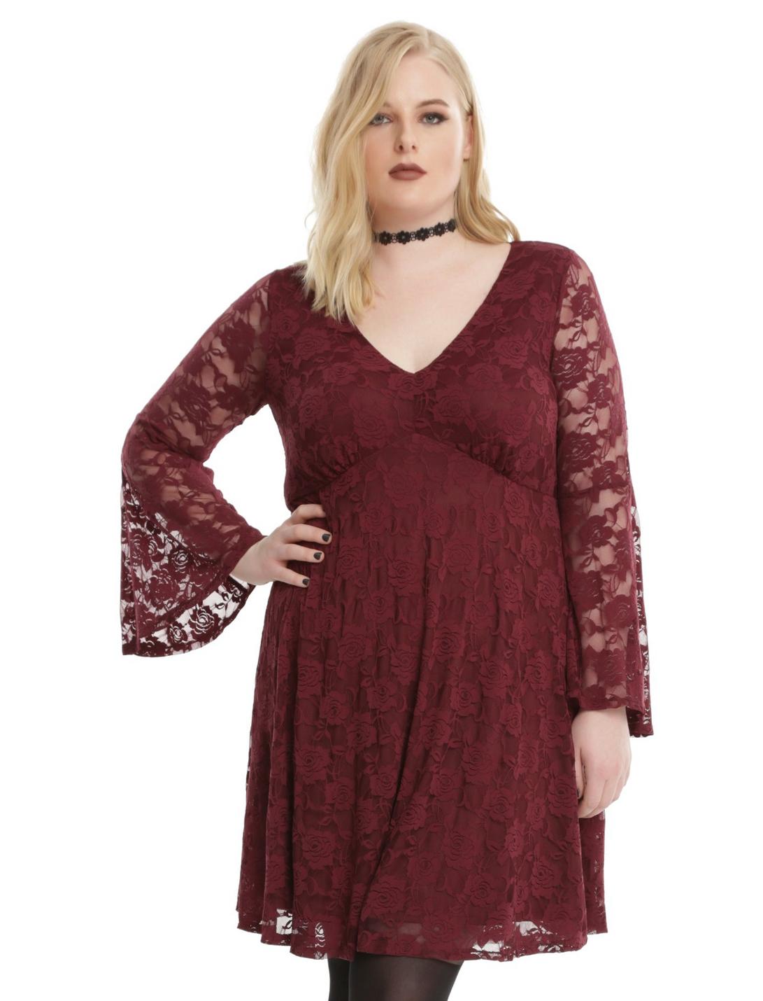 Burgundy Bell Sleeve Lace Dress Plus Size, BLACK, hi-res