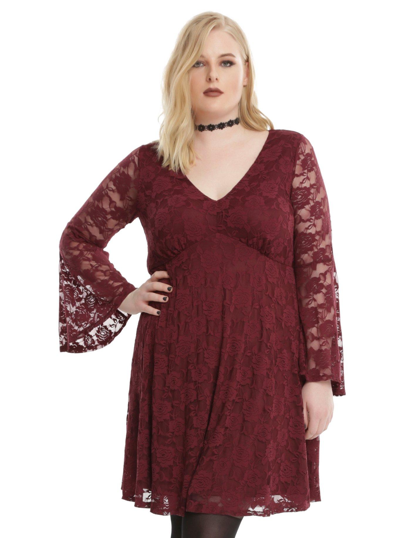 Burgundy Bell Sleeve Lace Dress Plus Size, BLACK, hi-res