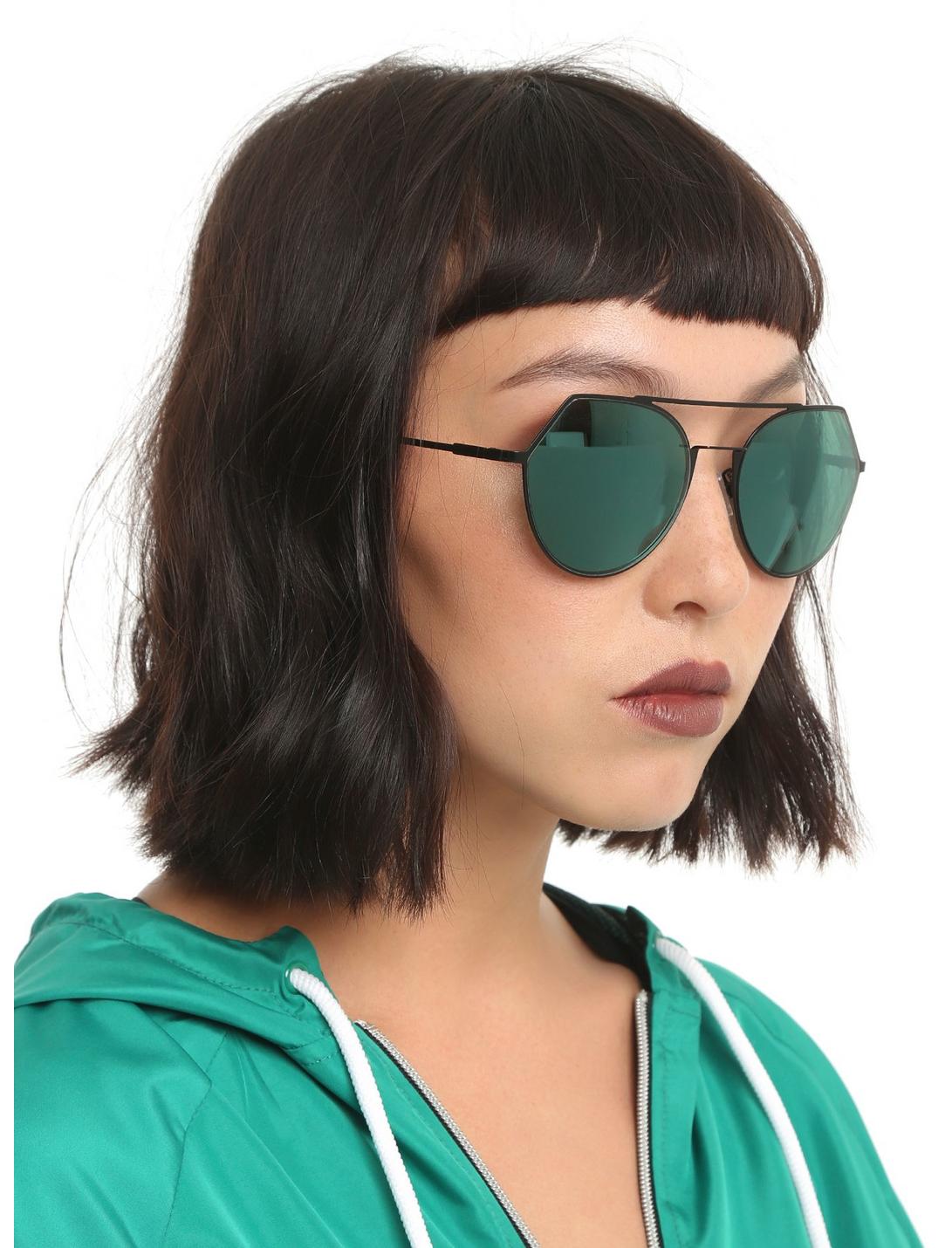 Black Green Lens Top Bridge Aviator Sunglasses, , hi-res