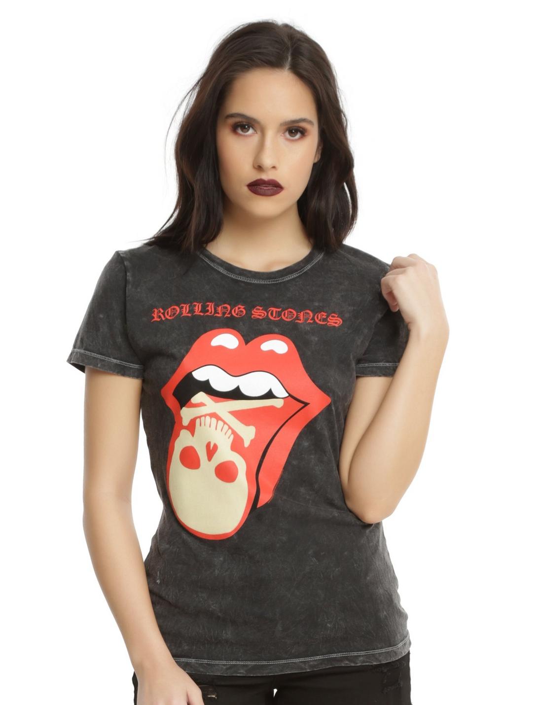 The Rolling Stones Skull & Crossbones Tongue Logo Girls Mineral Wash T-Shirt, BLACK, hi-res