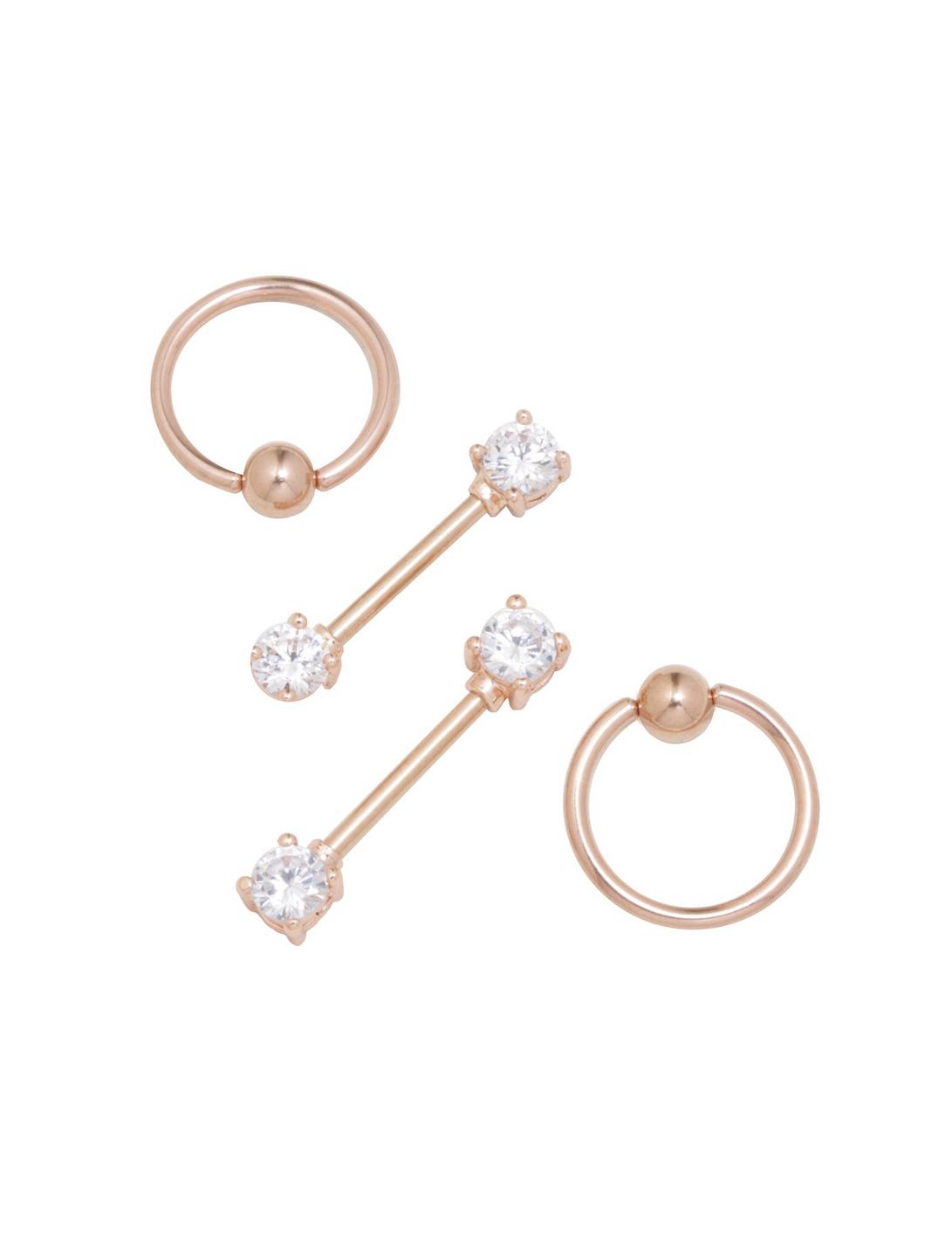 14G Rose Gold Clear CZ Nipple Barbell 4 Pack, , hi-res