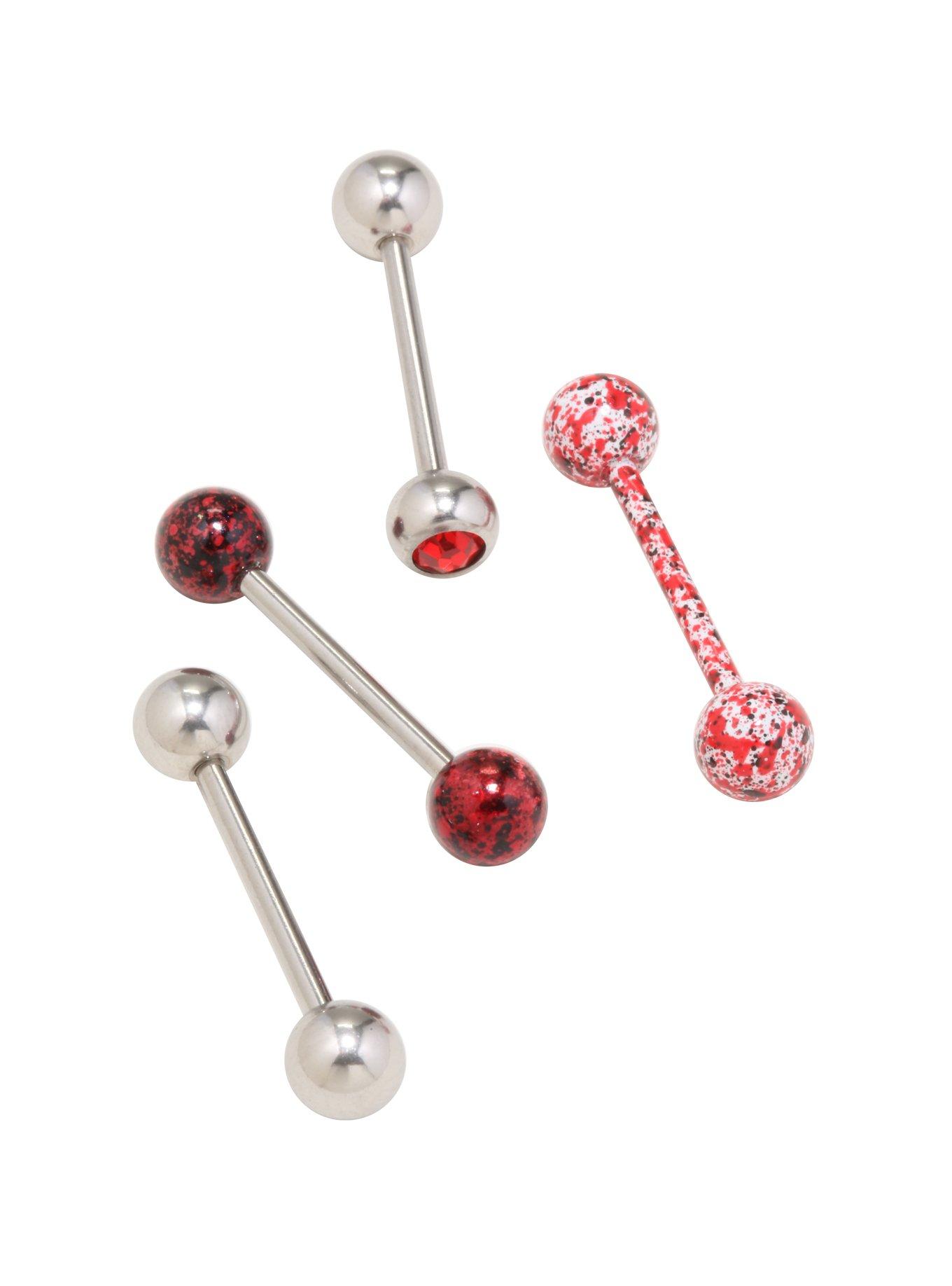 14G Steel Red Splatter Tongue Barbell 4 Pack, , hi-res