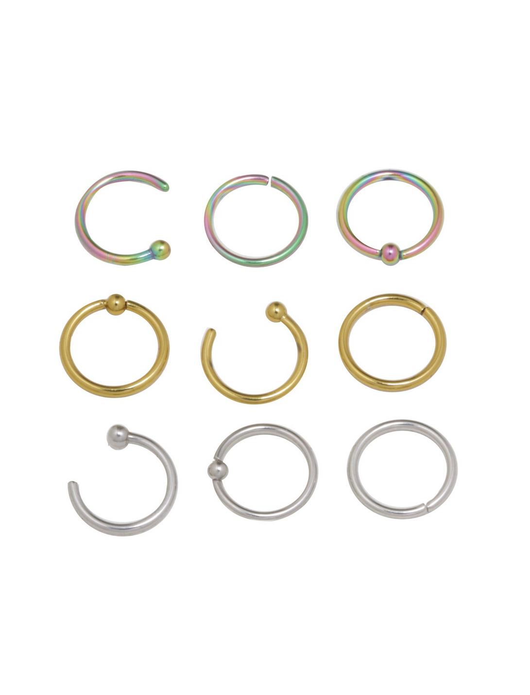 Steel Rainbow, Silver & Gold Nose Hoop 9 Pack, MULTI, hi-res