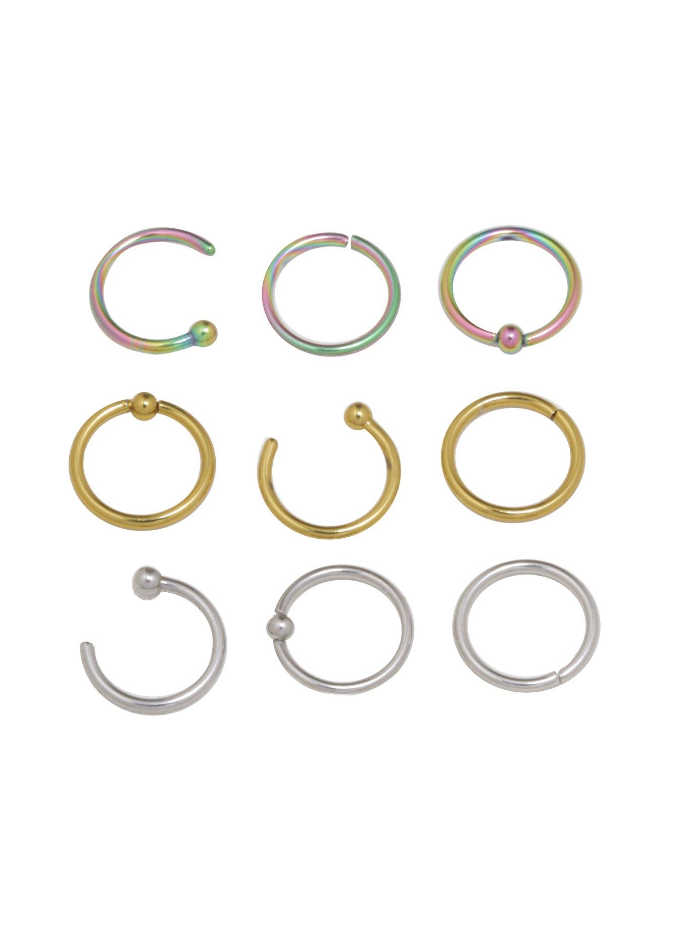 Steel Rainbow, Silver & Gold Nose Hoop 9 Pack, MULTI, hi-res