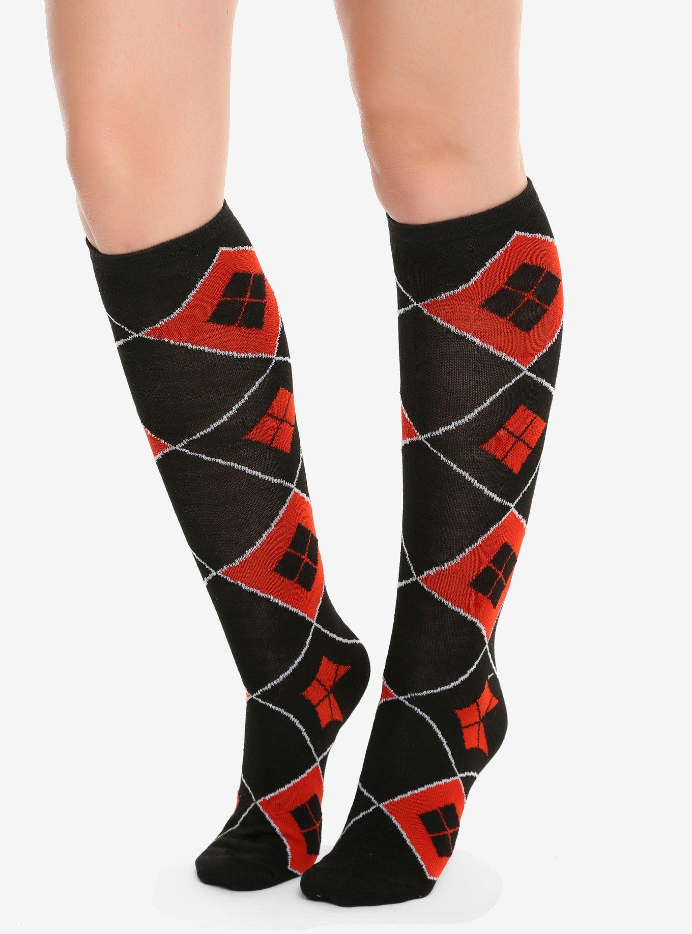 DC Comics Harley Quinn Argyle Black & Red Knee High Socks, , hi-res