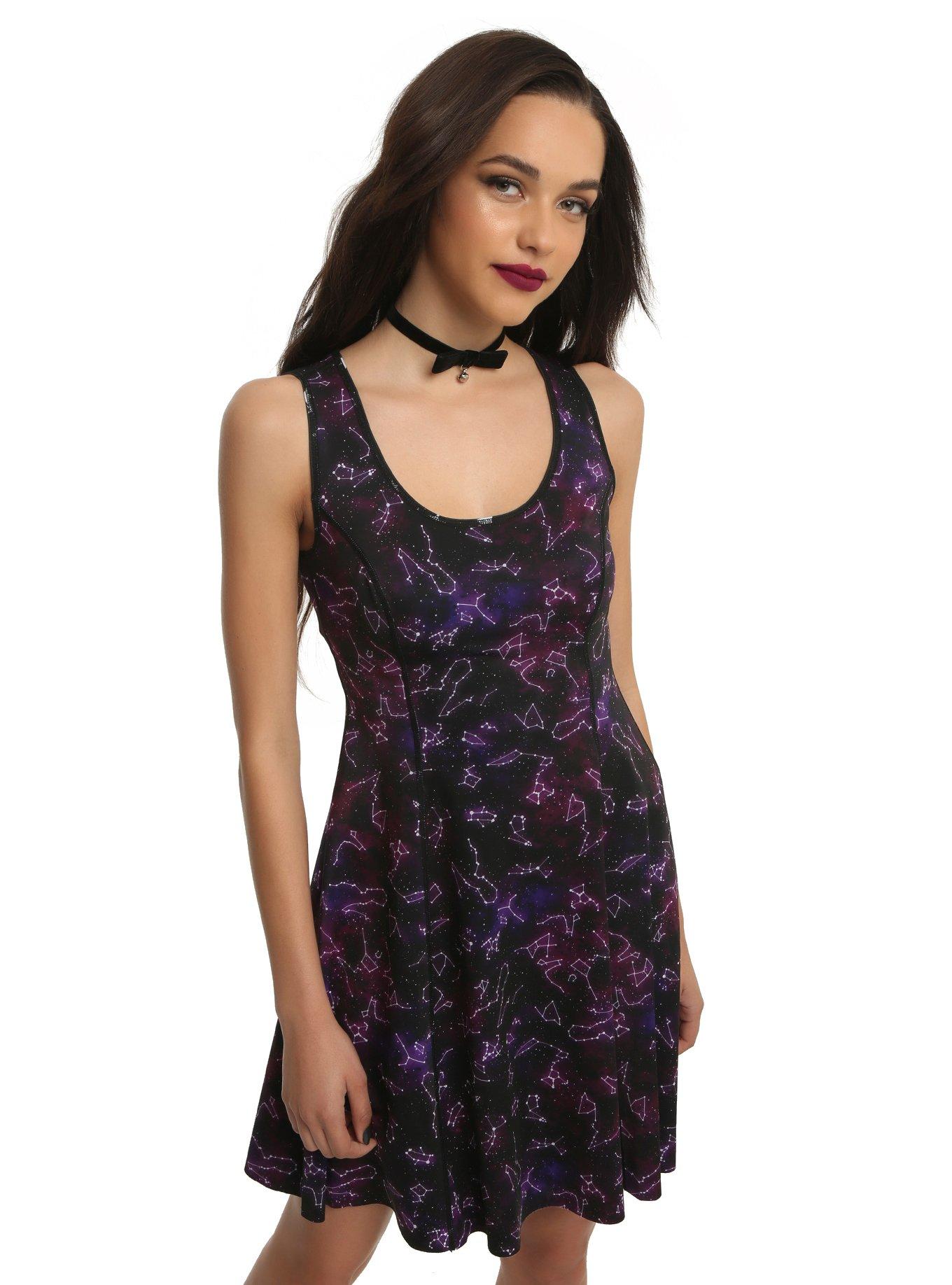 Galaxy Print Reversible Fit & Flare Dress, BLACK, hi-res