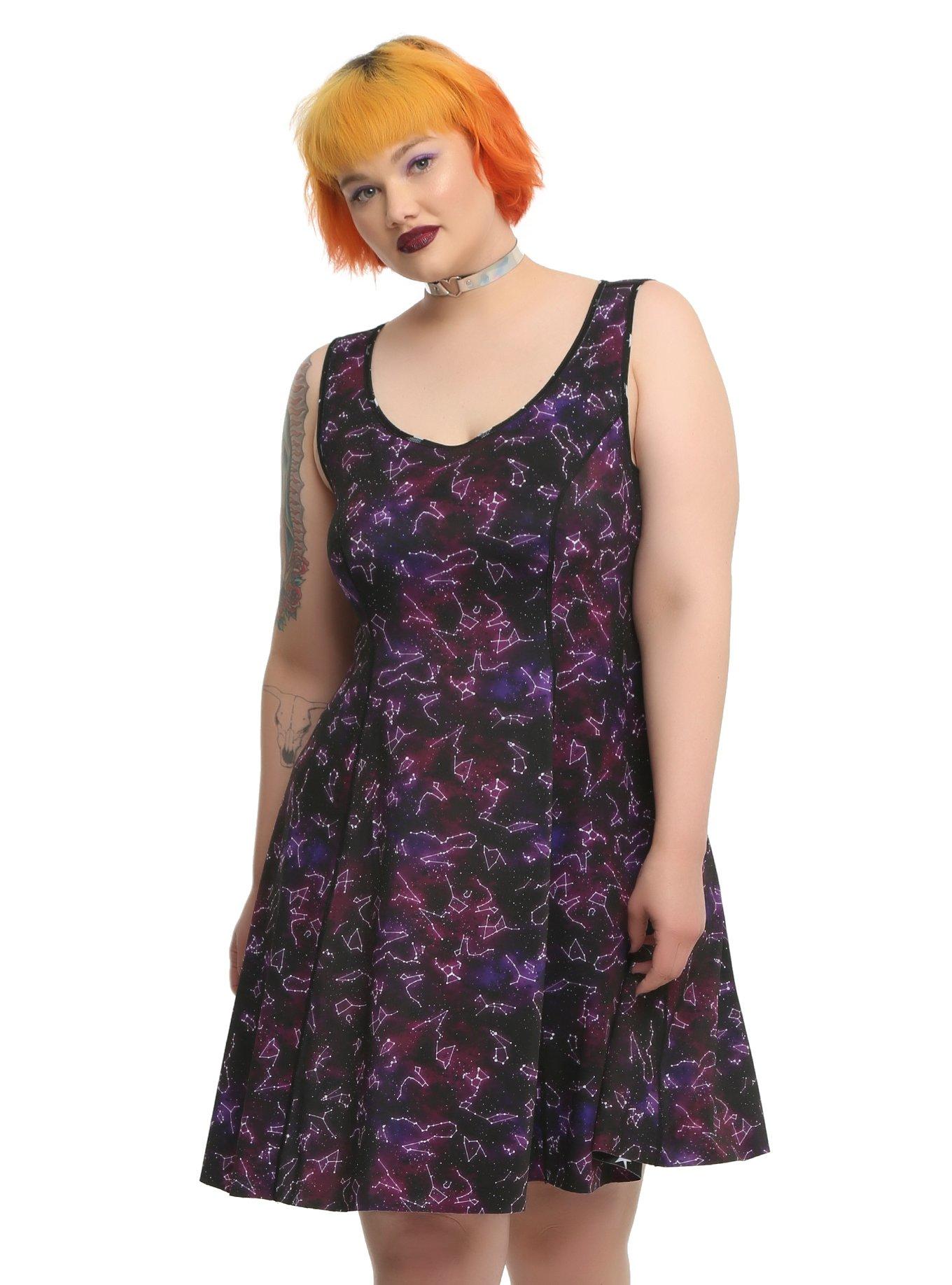 Galaxy Print Reversible Fit & Flare Dress Plus Size, BLACK, hi-res