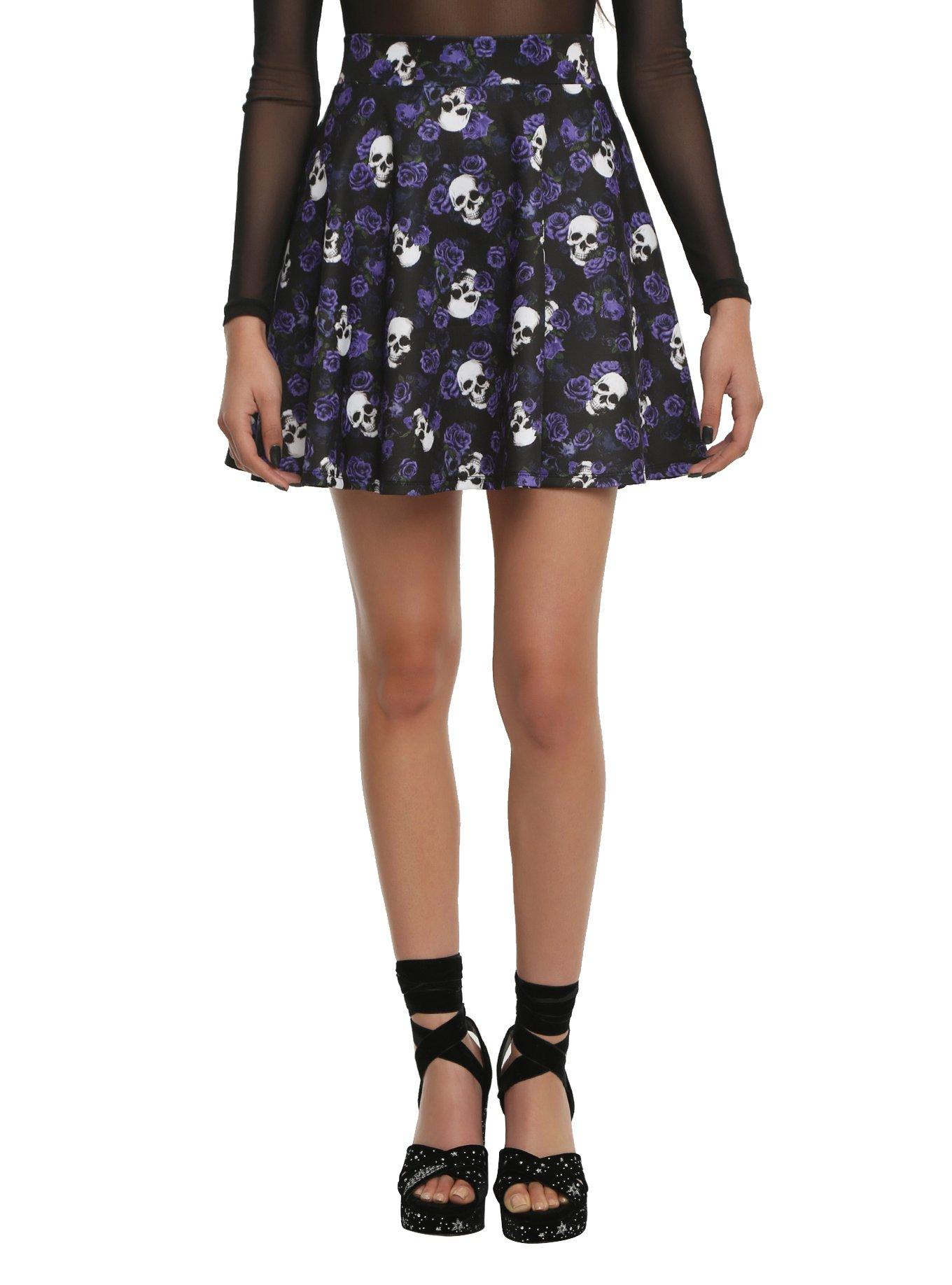 Floral Skull Skater Skirt, BLACK, hi-res