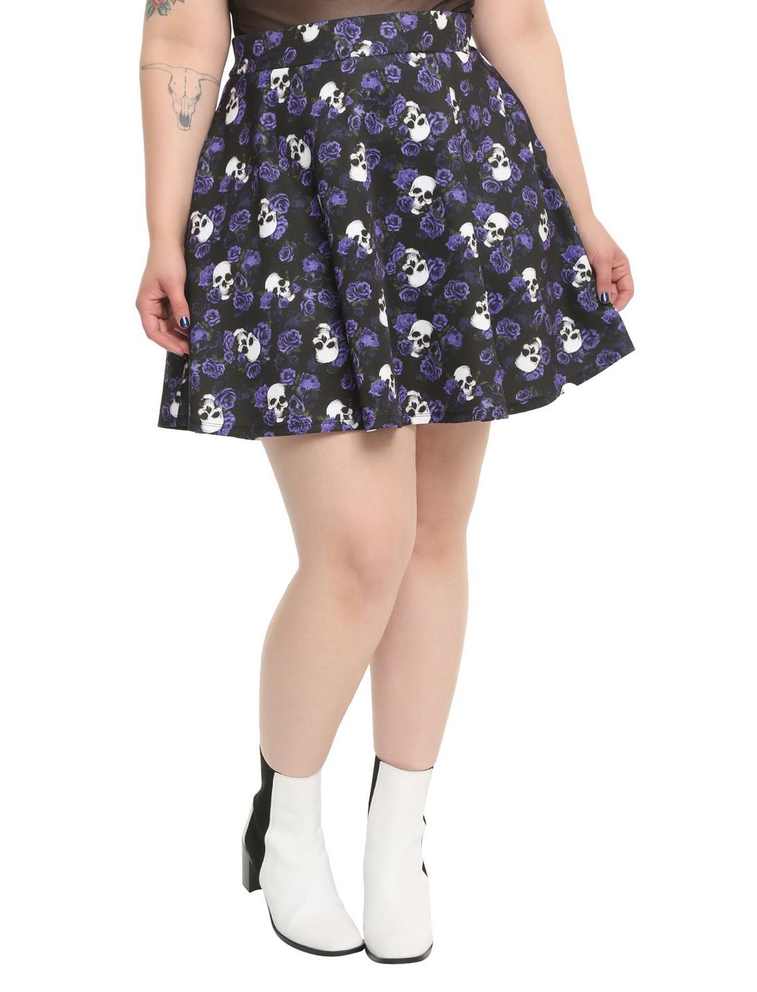 Floral Skull Skater Skirt Plus Size, BLACK, hi-res