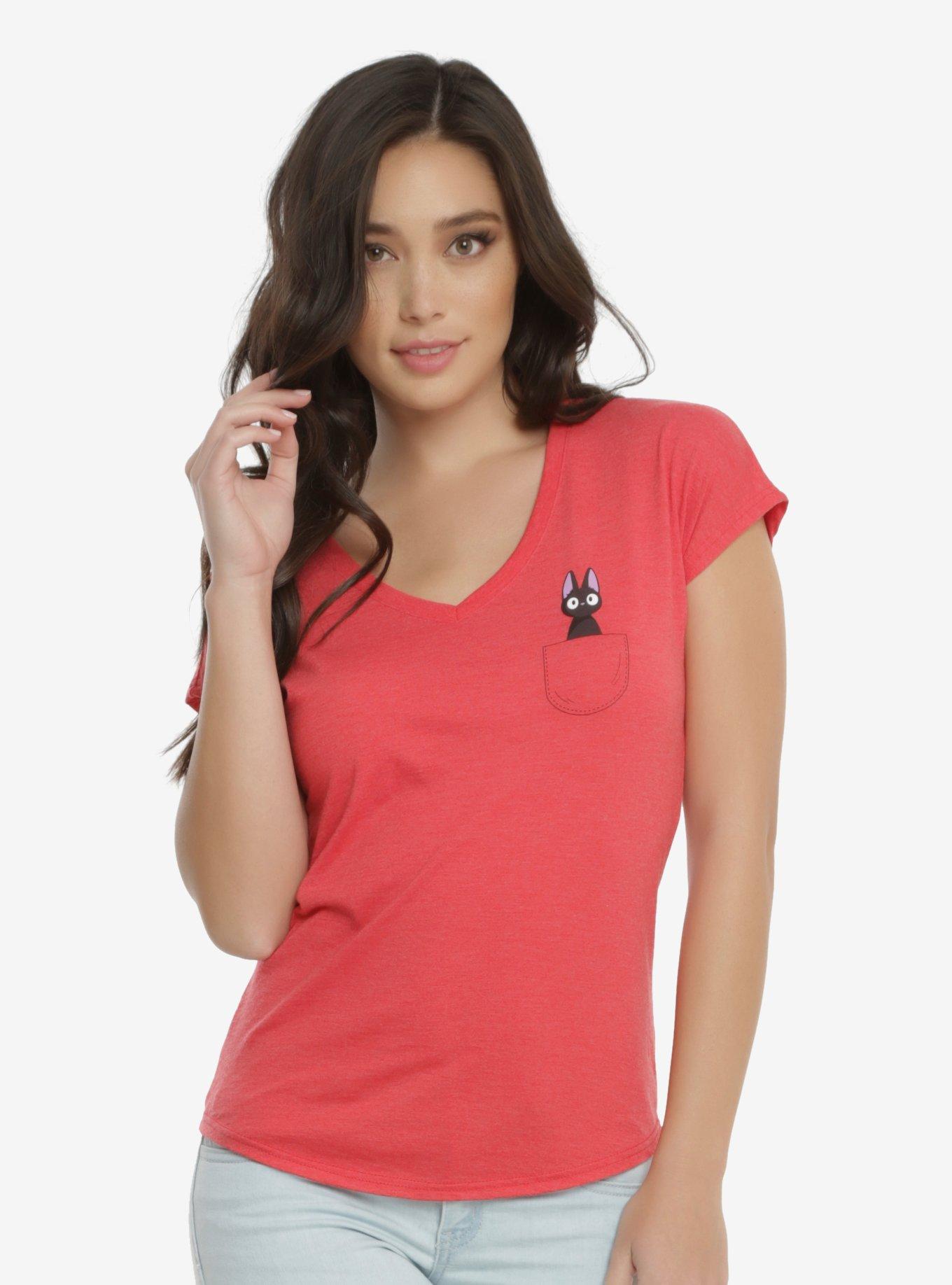 Studio Ghibli Kiki's Delivery Service Jiji Pocket V-Neck T-Shirt, RED, hi-res