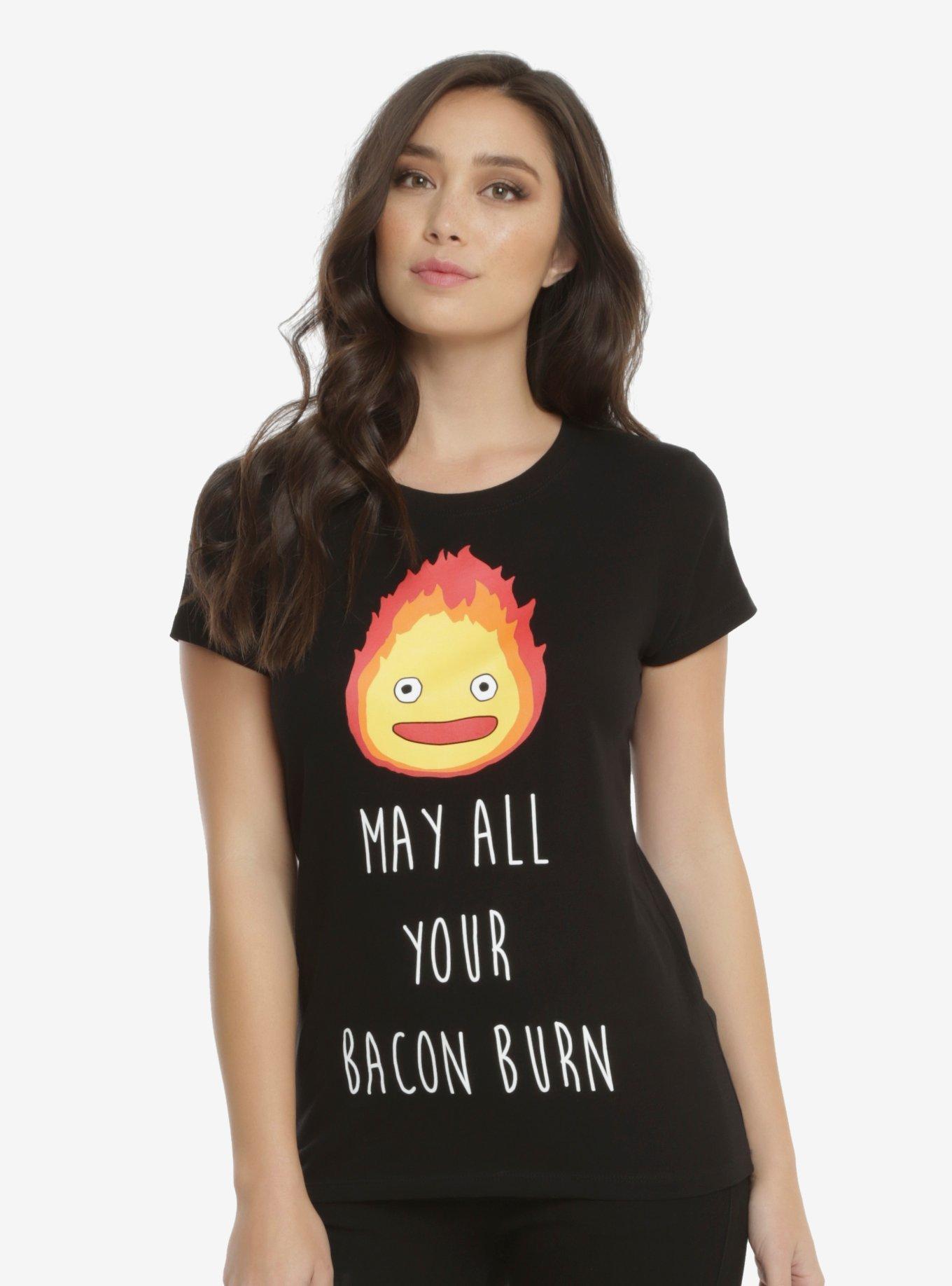 Studio Ghibli Howl's Moving Castle Calcifer Bacon Burn T-Shirt, BLACK, hi-res