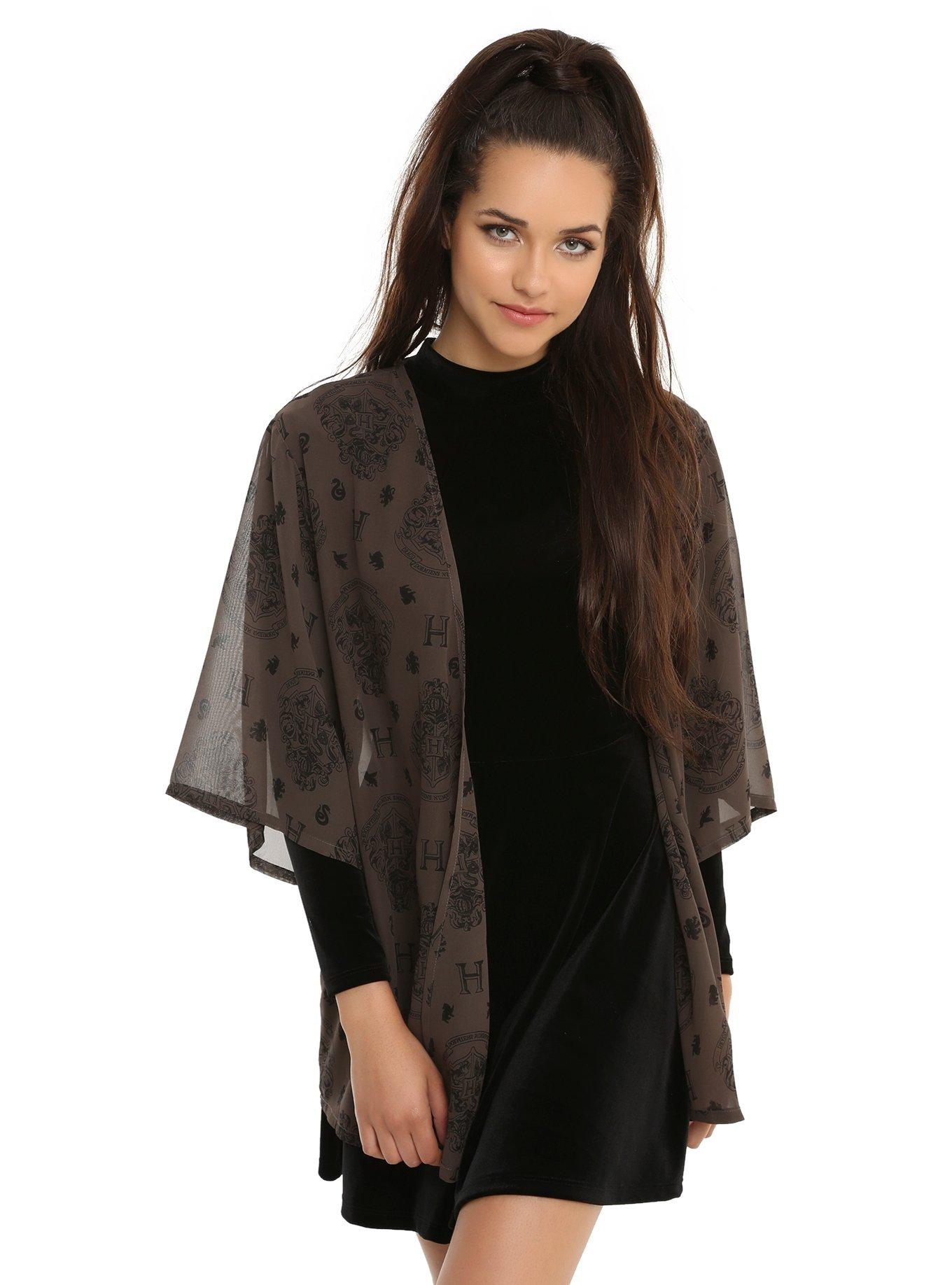 Harry Potter Hogwarts Crest Print Chiffon Kimono, BLACK, hi-res