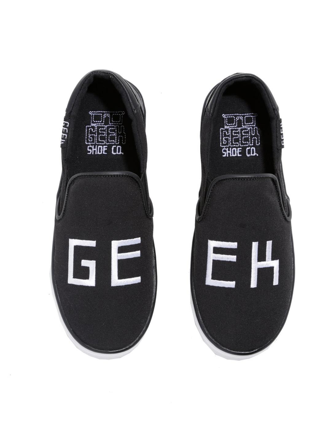 Geek Embroidered Black Slip-On Shoes, BLACK, hi-res